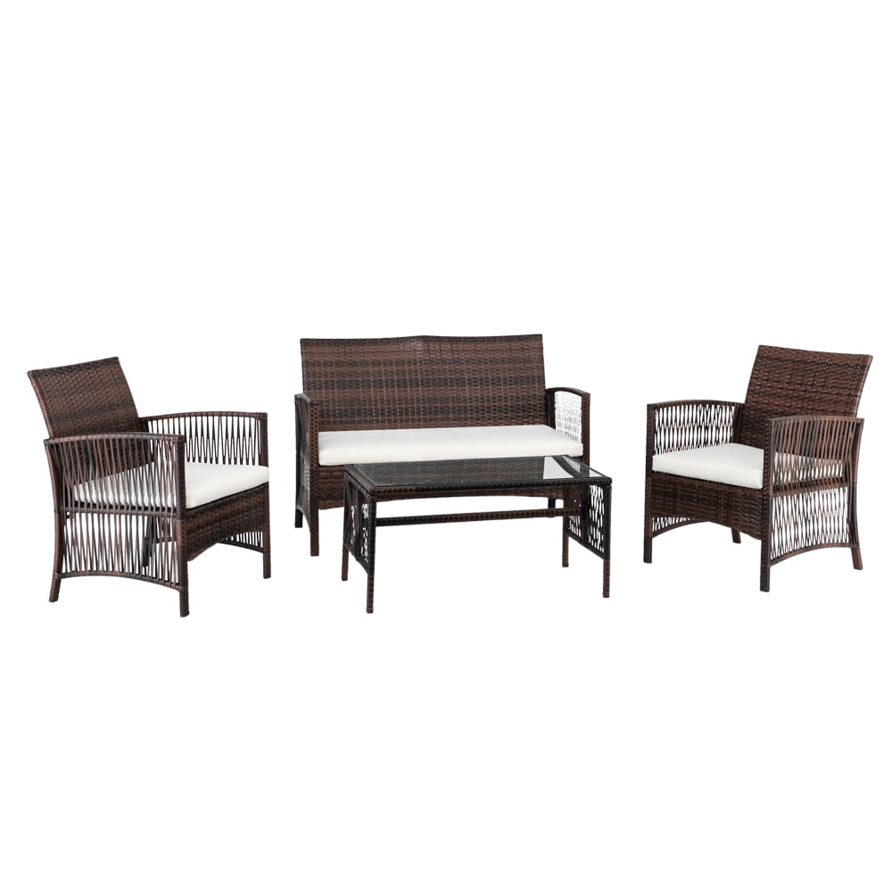 COOKCOK 4 Pieces Patio Set,Outdoor Wicker Patio Furniture Sets,Bistro Set Rattan Arm Chair Conversation Sets with Tempered Glass Coffee Table,Rattan Sofa Set,Brown