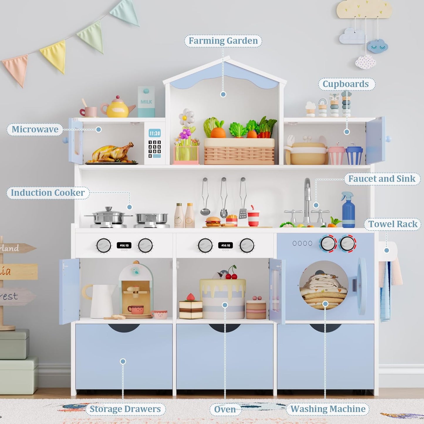Track Seven Wooden Play Kitchen for Kids and Toddler, Toy Kitchen Playset with Plenty of Pretend Play Features and Storage Drawers, Gift for Boys and Girls, Blue