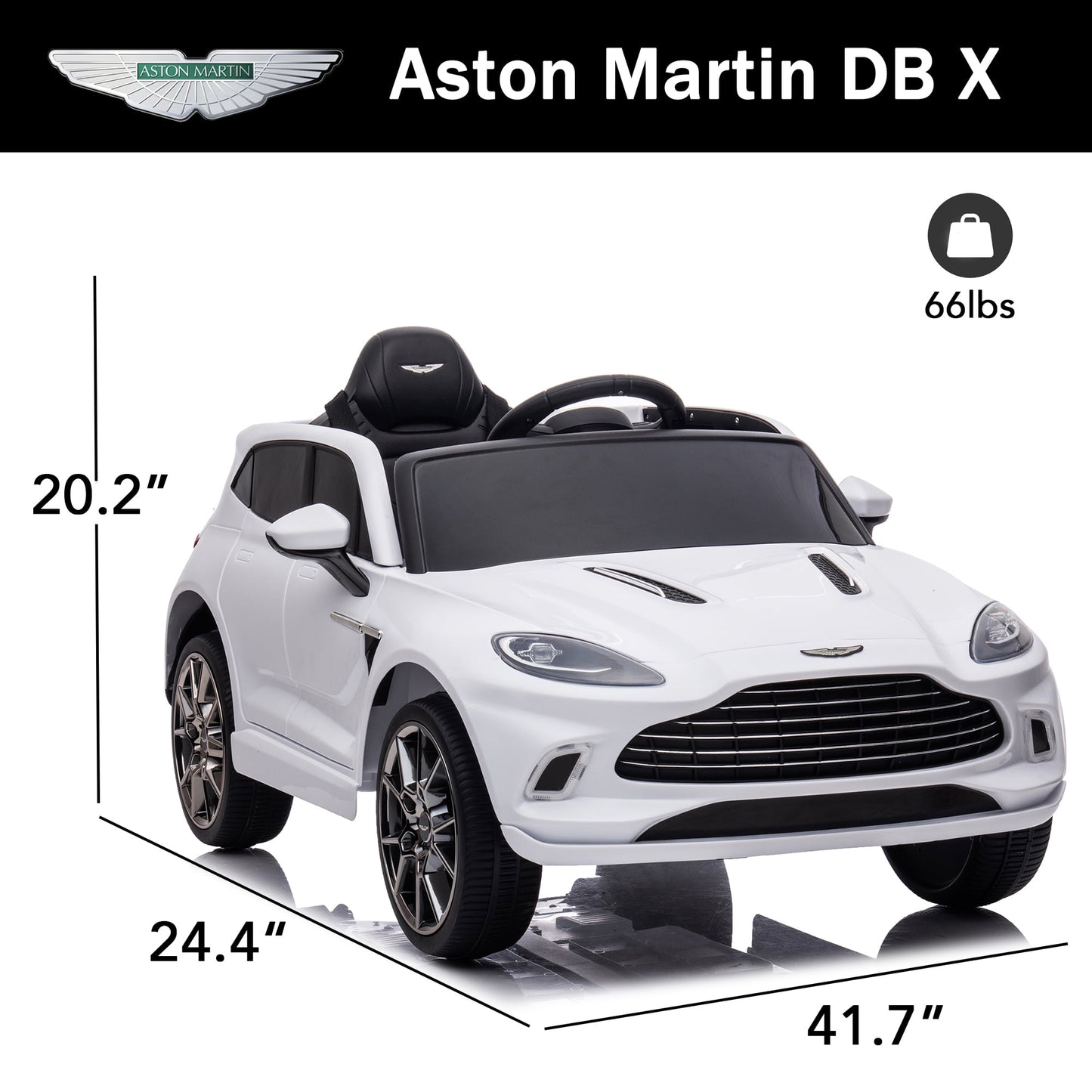 Track Seven 12V Kids Ride on Car, Licensed Aston Martin Electric Car for Boys Girls Age 3+, Remote Control, Music, USB, Portable Handle, White
