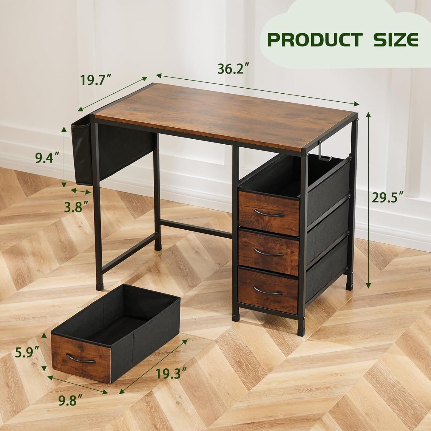 COOKCOK Computer Desk with Fabric Drawers Office Small Desk 36" Wide Desk with Headphone Hooks & Storage Bag for Student Kids Reading Table for Small Spaces, Brown