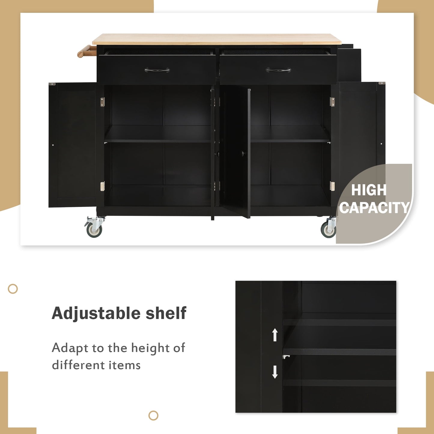 COOKCOK Kitchen Island Cart, Rolling Mobile Kitchen Island Cart with Wood Top and Locking Wheels, Storage Utility Cart with 4 Door Cabinet and Two Drawers, Spice Rack, Towel Rack, Black