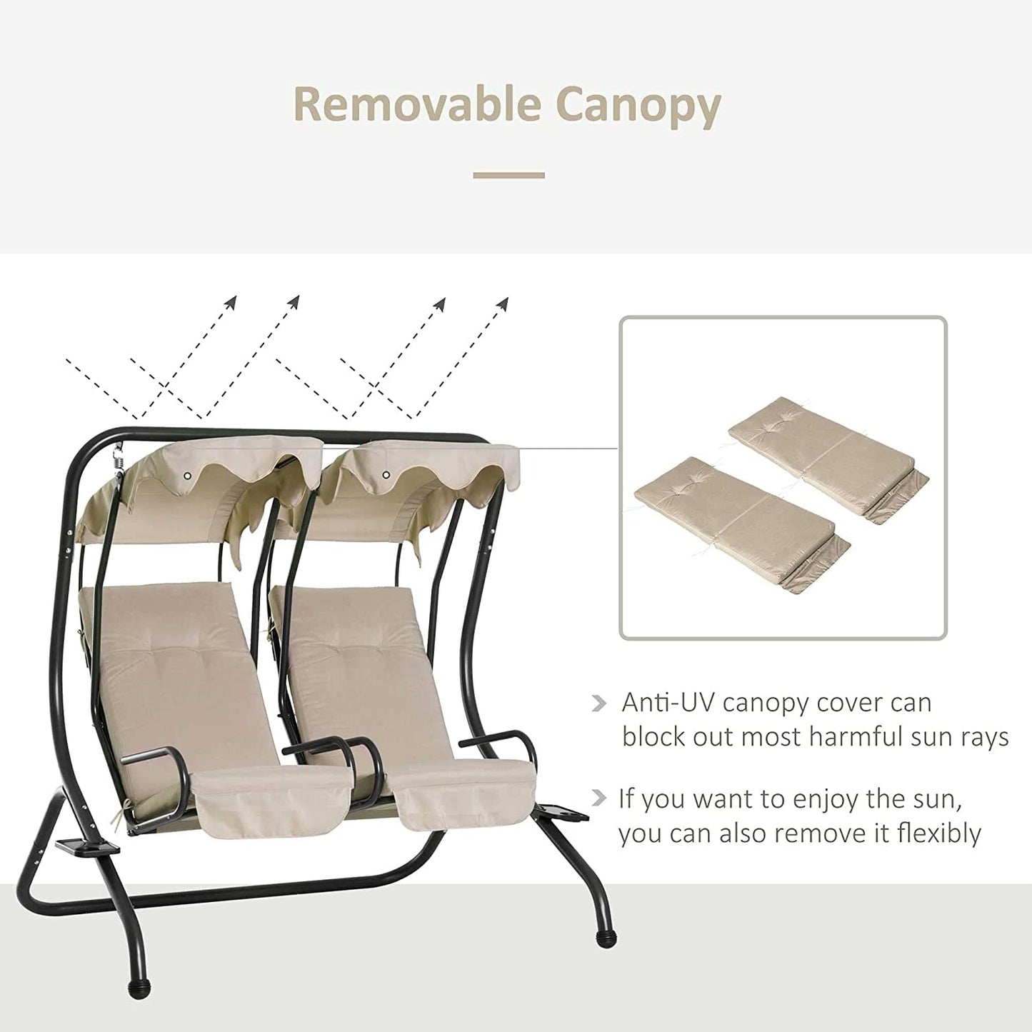 COOKCOK 2-Seat Porch Swing with Stand, Outdoor Swing Glider with Removable Canopy and Cup Holders for Porch, Garden, Backyard, 480 lbs Capacity, Beige