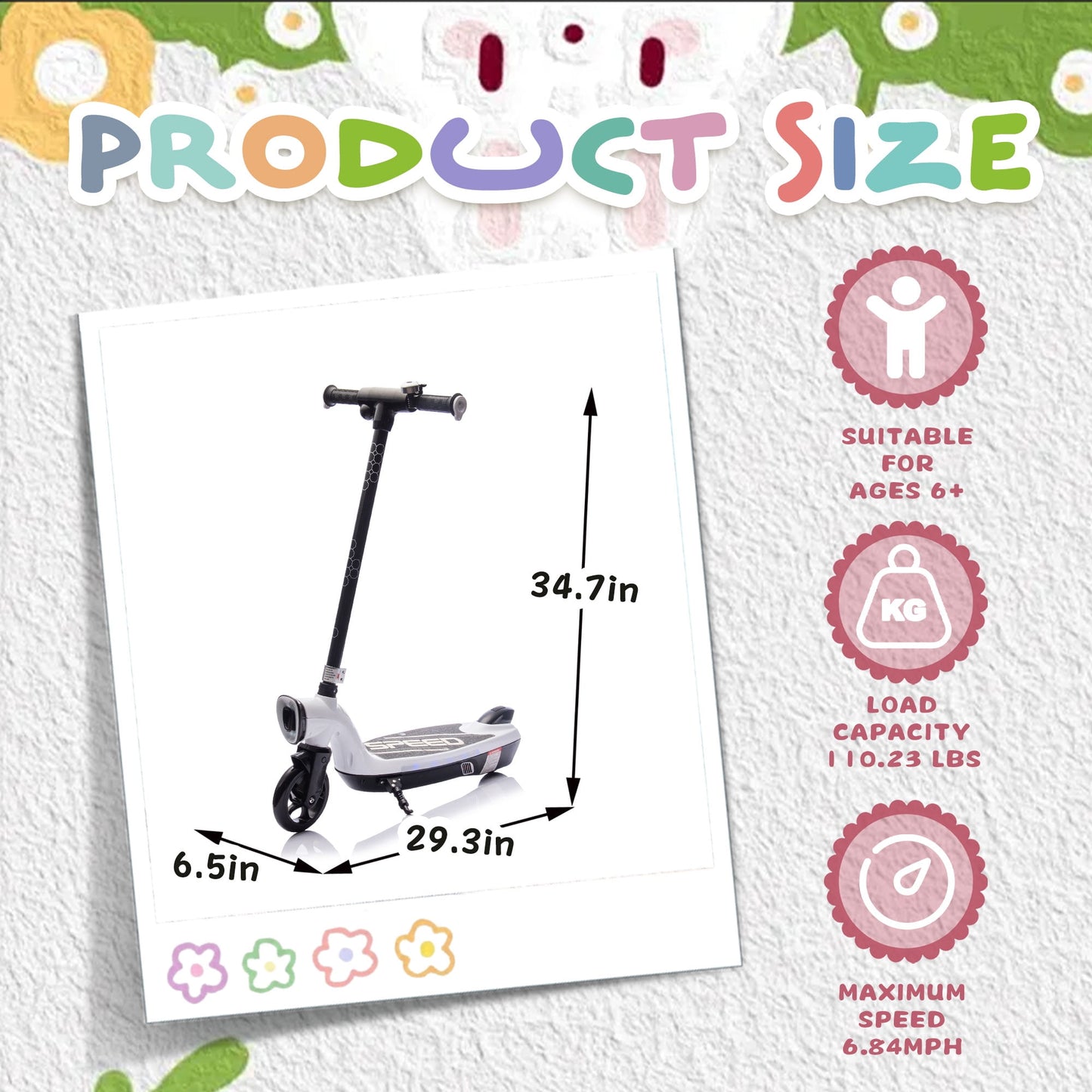 Track Seven 12V Electric Scooter for Kids, Front Big Light, Colorful Lights, Bell, 6.5" Wide Pedal, Rear Wheel Brake, Max 6.84MPH, Kids Electric Kick Scooters for Teens Boys Girls Aged 6+, White