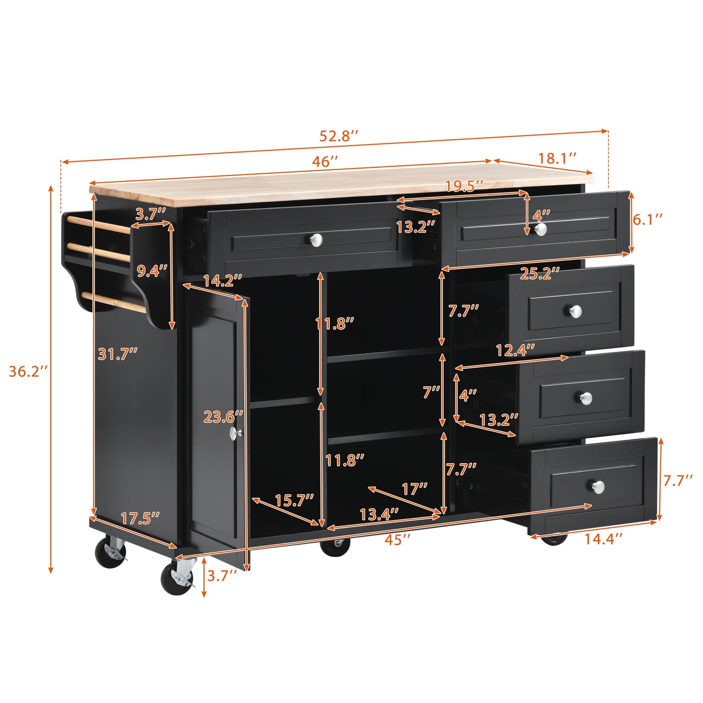 COOKCOK Kitchen Cart with Wood Countertop, Rolling Mobile Kitchen Island Cart with 5 Drawers, Open Storage Shelves, Towel Rack, 53" Width, Black