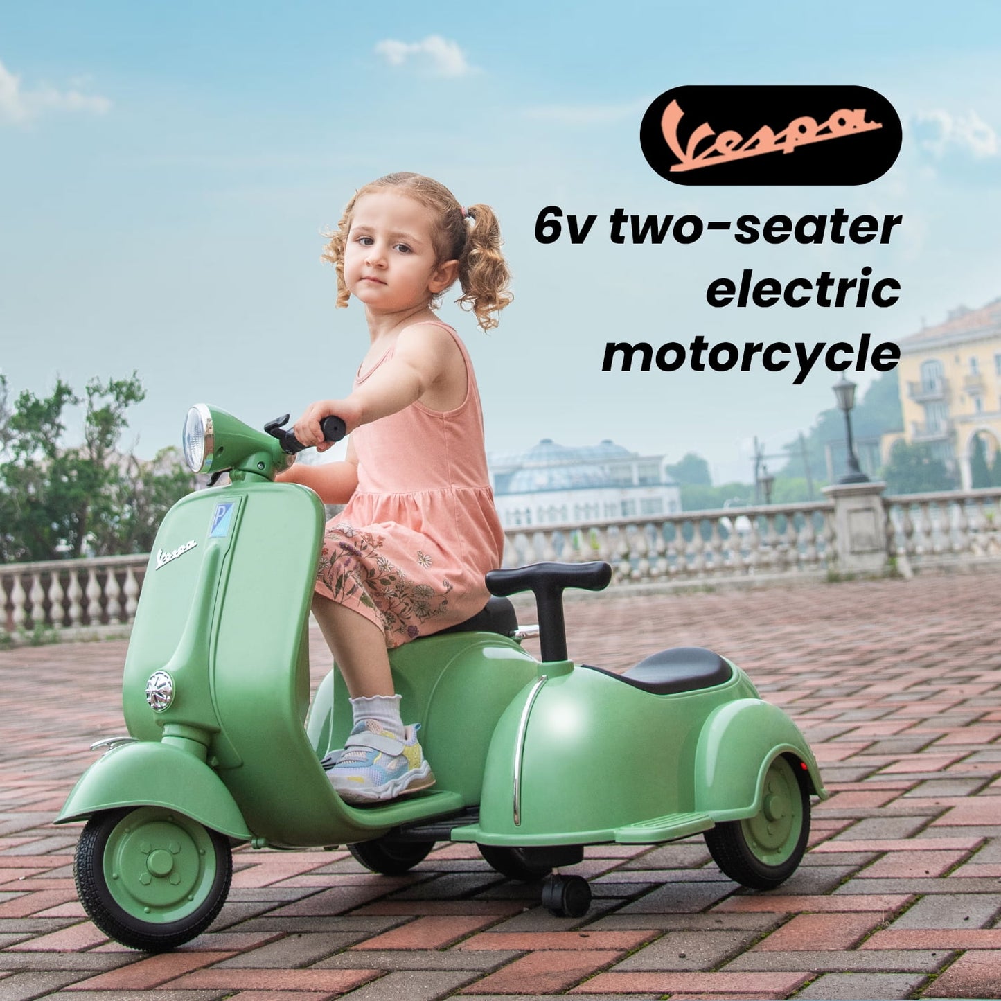 Track 7 2-Seater Ride on Motorcycle, Licensed Vespa Electric Motorcycle with Side Car, 2-Seater Ride on Car, Music, Storage Bin, Max Speed 3.7mph, Green