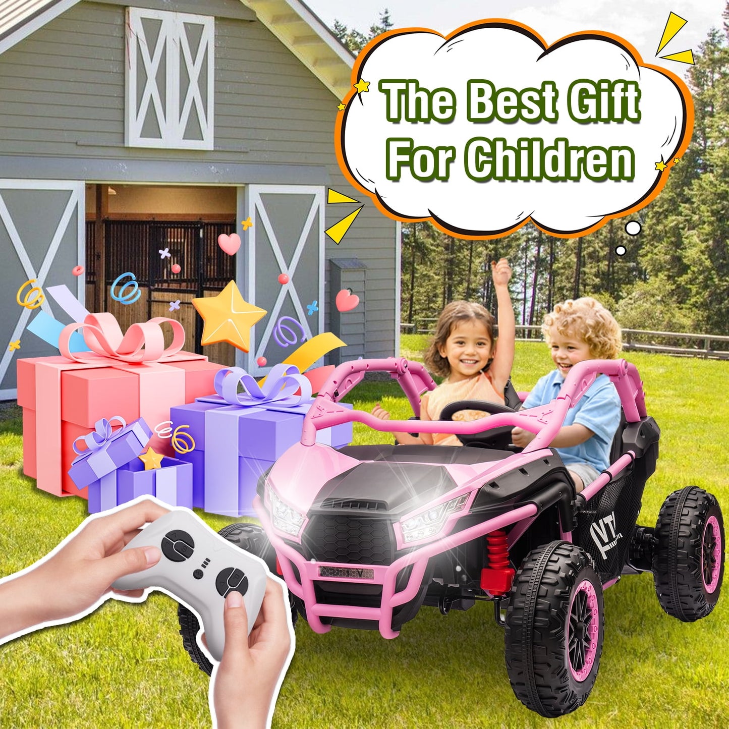 Track Seven 24V Ride on UTV, 2-Seater Ride on Car, 20" Width Seat, 4.97 mph Speed, 400W Motor, Remote Control, Bluetooh, MP3, LED Lights, Rear Storage, Off-Road Electric Car for Boys Girls Age 3+, Pink