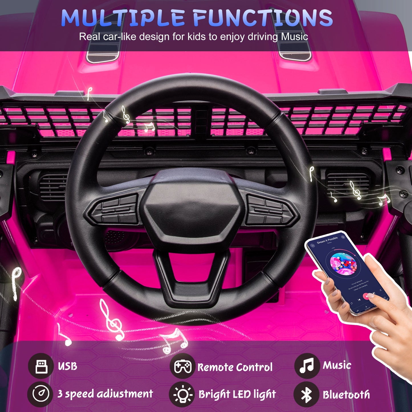 Track Seven 24V Kids Ride on Truck, Electric Car with Remote Control, Four-Wheel Suspension, Power Display, Bluetooth, MP3 Player, LED Lights, Kids Ride on Toy Car for Boys Girls Aged 3+, Pink