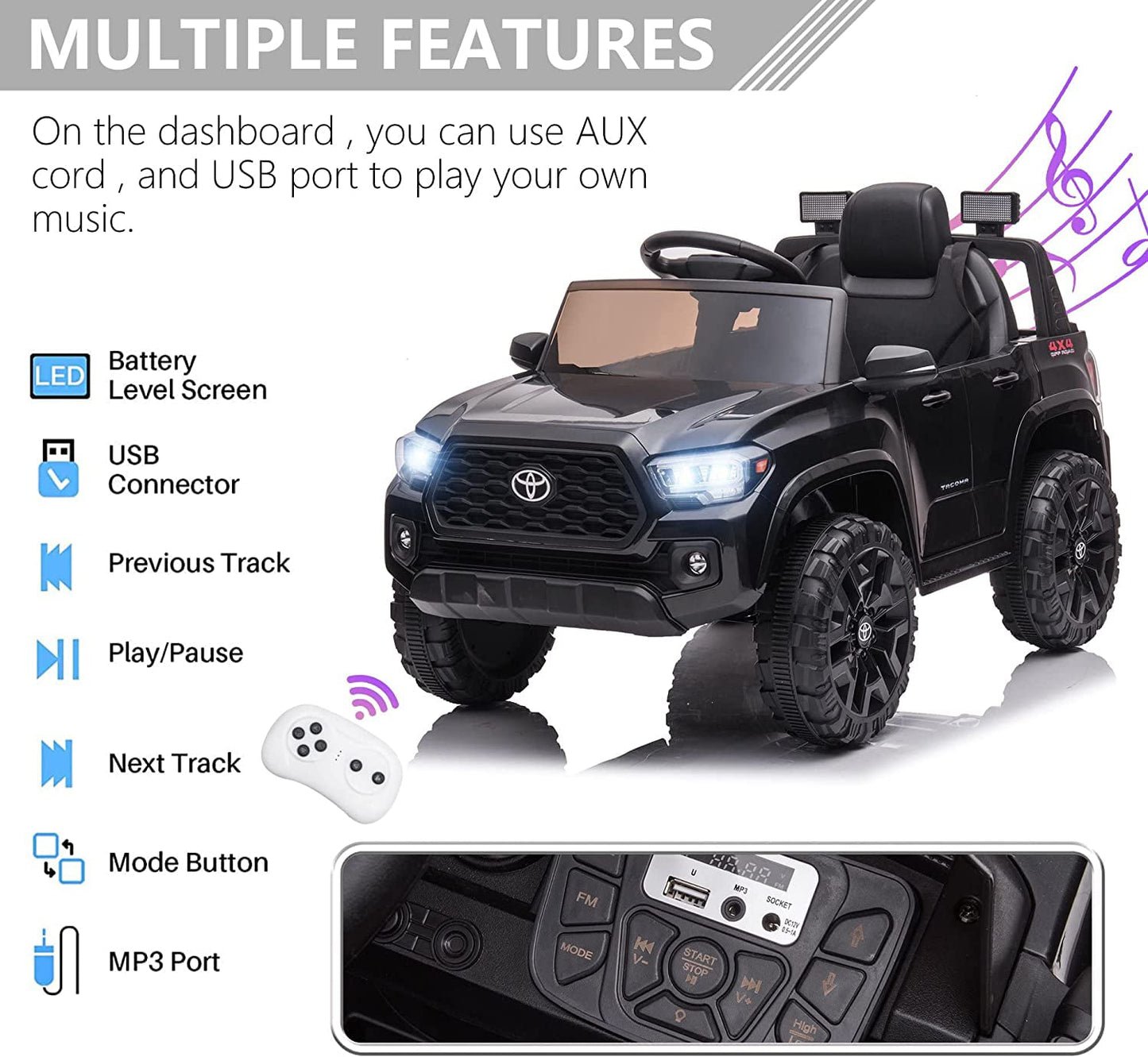 Track 7 Ride on Car with Remote Control, 12V Toyota Tacoma Electric Car for Boys Girls Age 3+, AUX/FM/USB, Storage Truck, Black