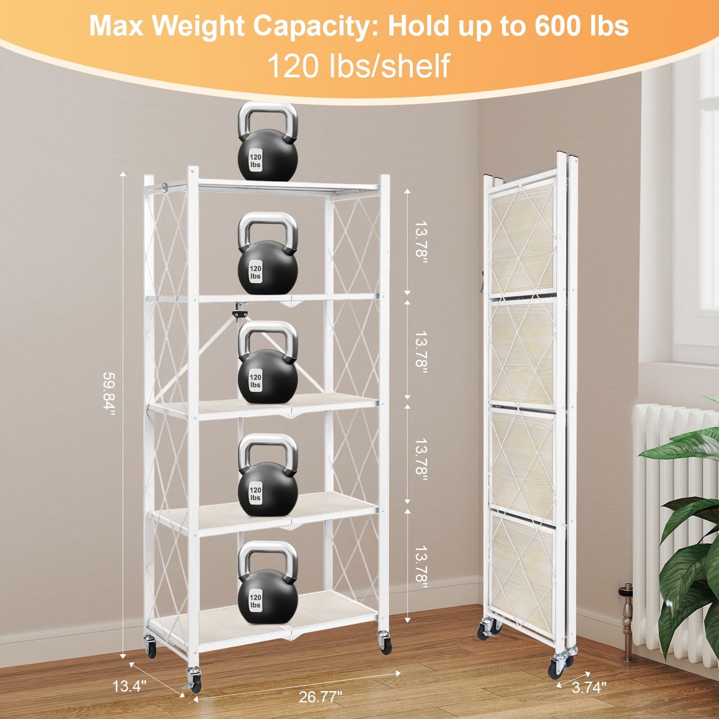 COOKCOK 5-Tier Storage Shelving Unit, Folding Bookshelf, Metal Shelf 27.9"x13.4"x62.5, Foldable Storage Shelf with Wheels, Garage Shelf, Kitchen Shelf, No Assemble Require, White