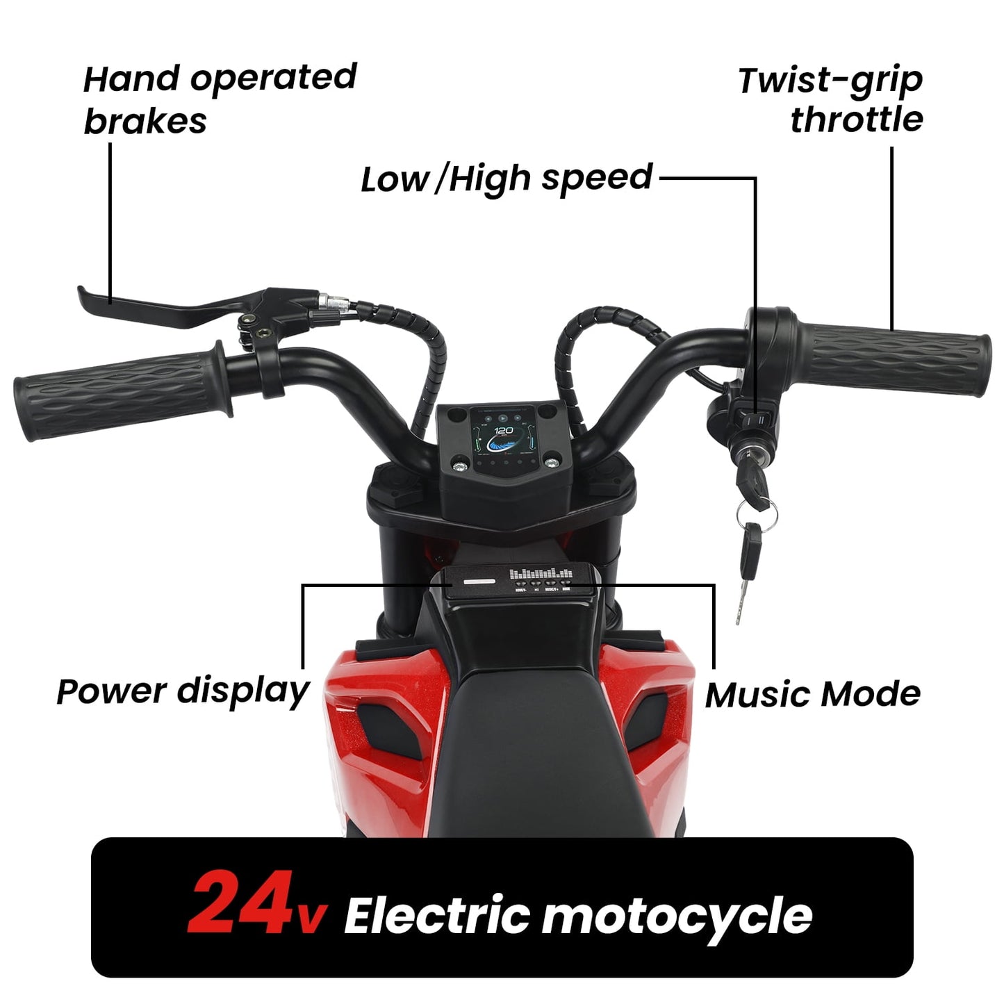 Track Seven 24V Electric Dirt Bike, 200W Motocross Ride on Motorcycle with Hand Operated Brakes, Adjustable Speed, LED Lamp, Music, Max Speed 10mph, Electric Motorcycle for Kids Age 5+, Red