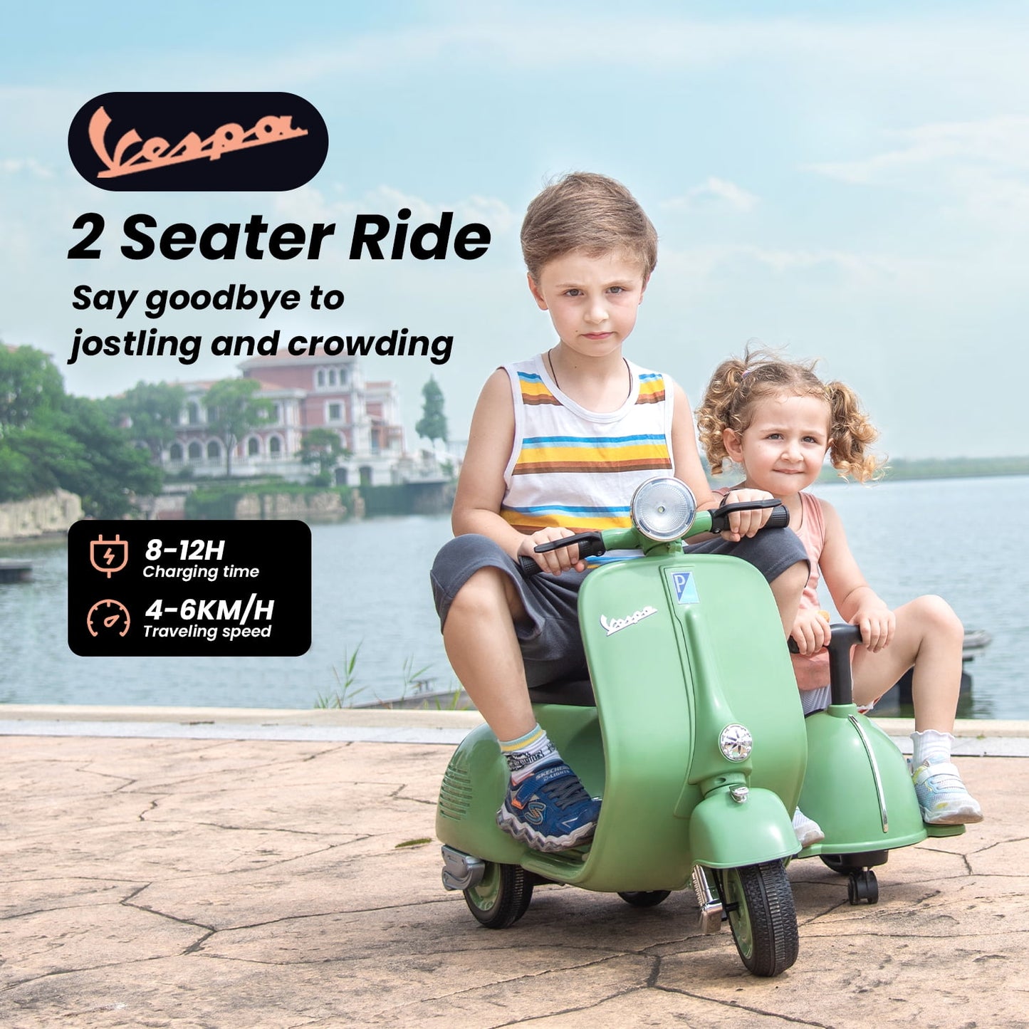 Track 7 2-Seater Ride on Motorcycle, Licensed Vespa Electric Motorcycle with Side Car, 2-Seater Ride on Car, Music, Storage Bin, Max Speed 3.7mph, Green