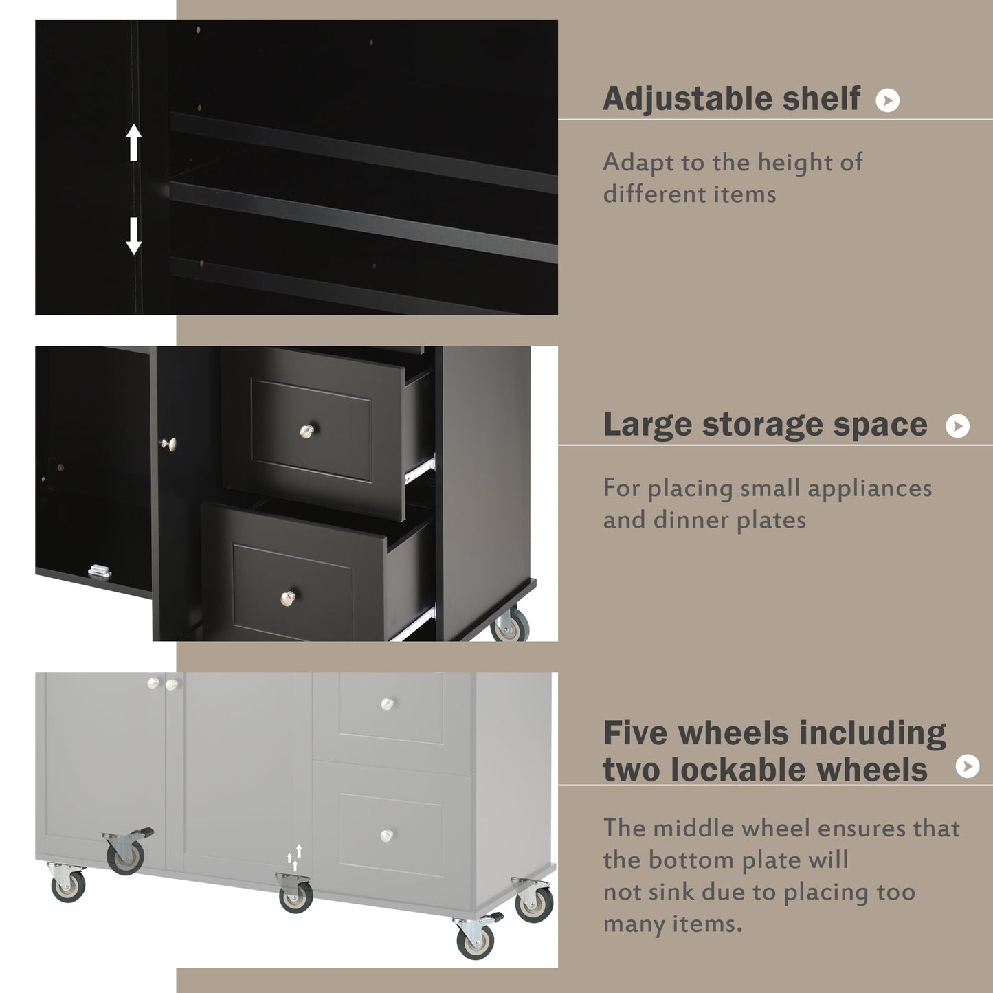 COOKCOK Mobile Kitchen Island Cart, Kitchen Cart with Wood Top and Drop Leaf Breakfast Bar, Rolling 52.7" Mobile Kitchen Island with Storage and Towel Rack, Drawers, Black