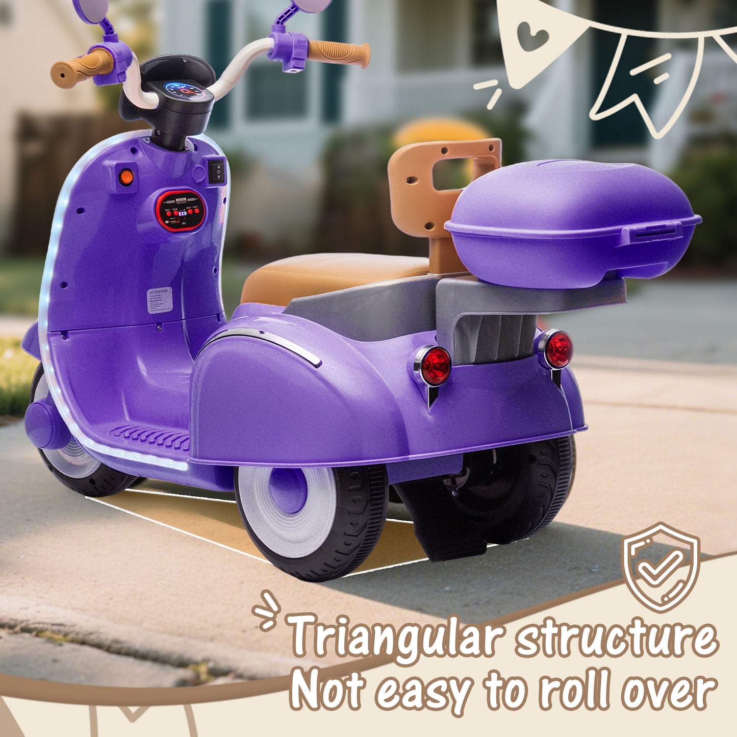 Track Seven 12V Kids Ride on Electric Motorcycle,3 Wheels Powered Motorbike with LED Strip light, 2WD, Anti-Slip Seat, Storage Basket, Bluetooth Music, Parent Remote Control for Ages 3-8, Purple