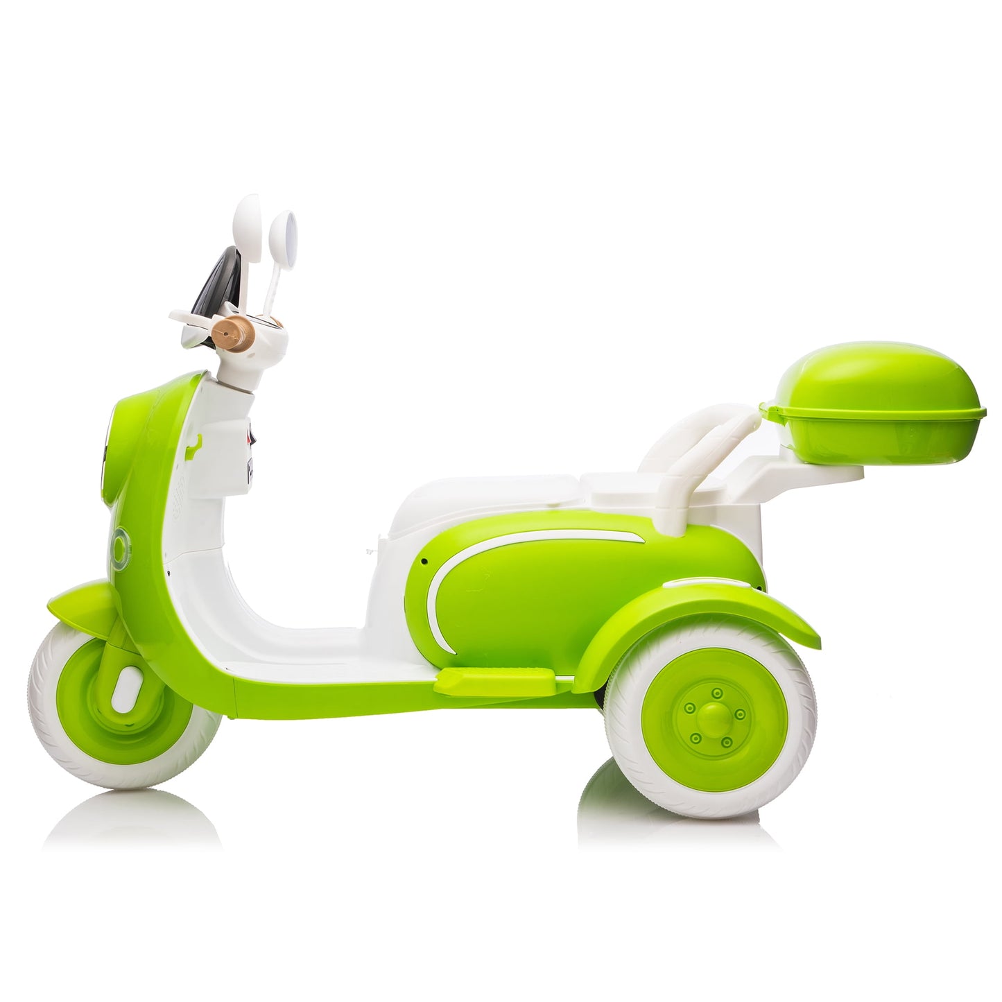 Track Seven 12V Ride on Motorcycle, 2-Seater Electric Motorcycle with Dual Motor, 3 Wheels Motorbike with Bluetooth, LED Lights, Storage Box, Front Hook, Ride on Toy Car for Boys Girls Aged 3+, Green
