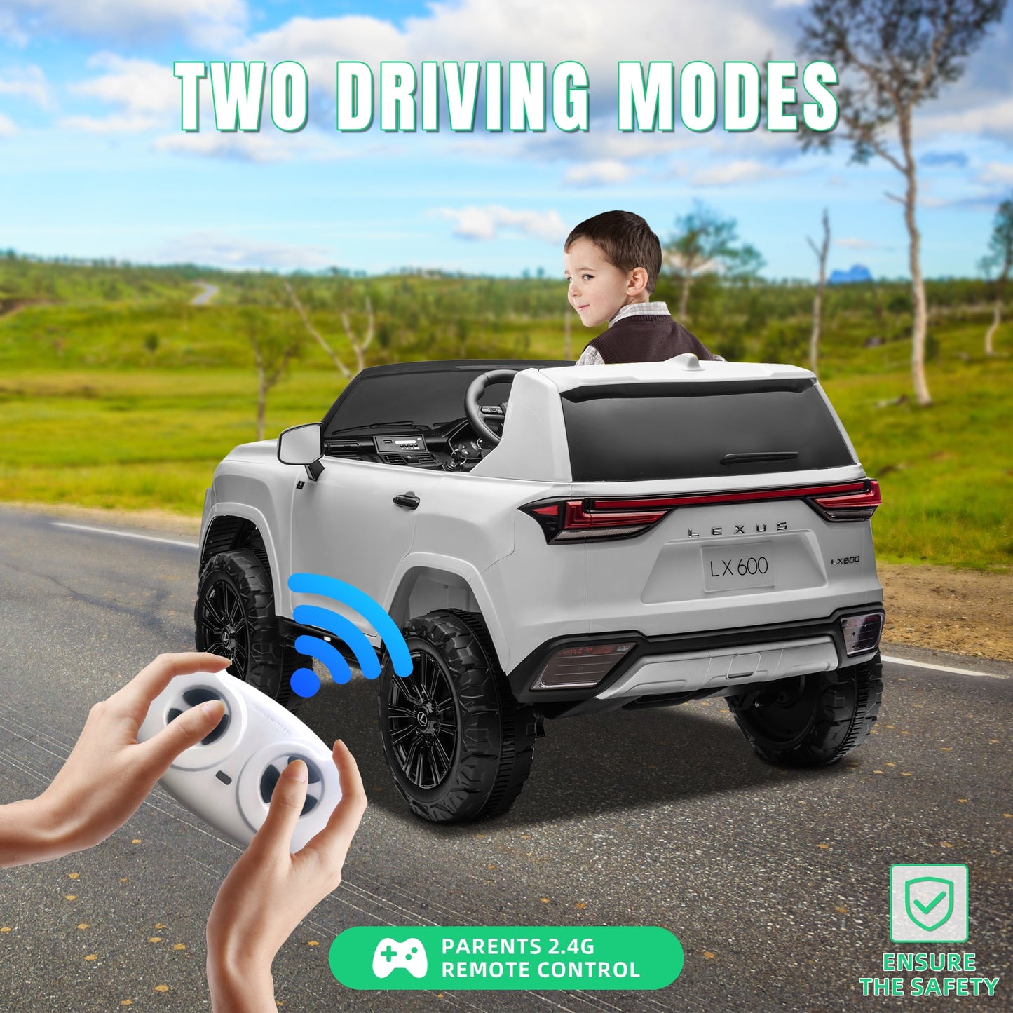 Track Seven 24V 2 Seater Ride on Car, Licensed LEXUS LX600 Electric Car with Remote, 20" Width Seat, Bluetooth, LED Lights, Key Start, Portable Handle, 24V Ride on for Boys Girls Age 3+, White