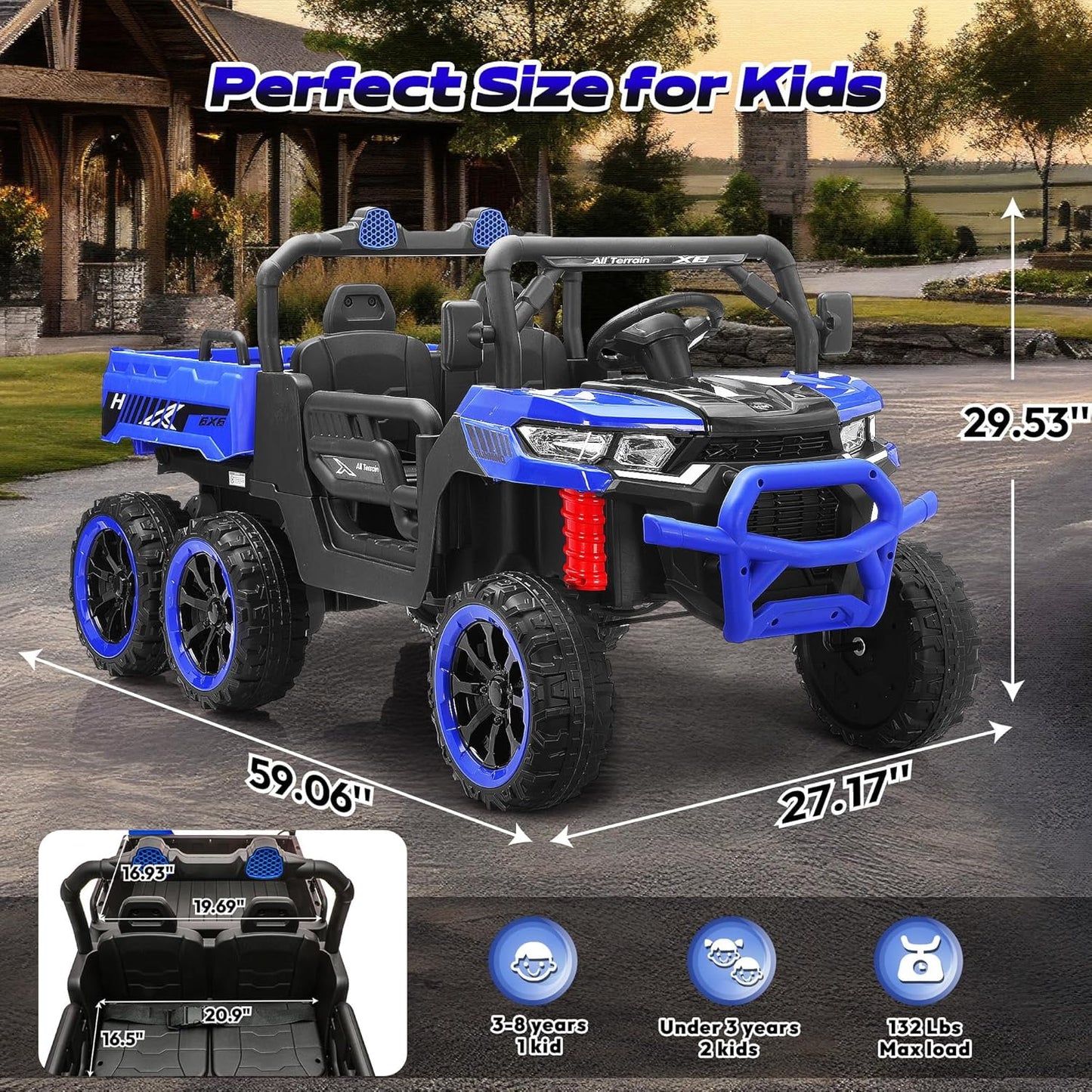 Track Seven 24V 2-Seater Ride on Dump Truck, 4WD 6-Wheel Kids Ride on Car w/Remote Control, Electric Dump Bed, Toy Shovel, Music, Max Speed 5 mph, 21" Large Seat, Ride on Toy for Kids Age 3+, Blue