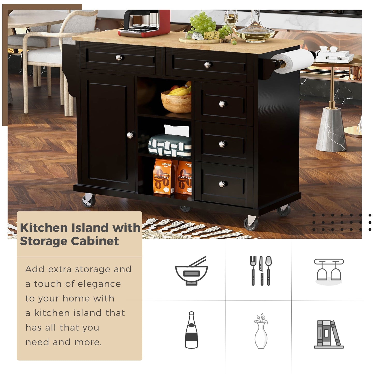 COOKCOK Kitchen Cart with Wood Countertop, Rolling Mobile Kitchen Island Cart with 5 Drawers, Open Storage Shelves, Towel Rack, 53" Width, Black