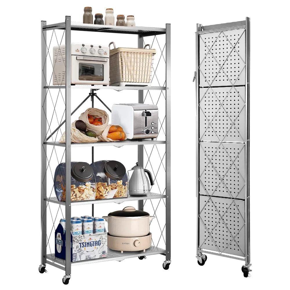 COOKCOK 5-Tier Storage Shelving Unit, Metal Shelf 27.9"x13.4"x62.5, Foldable Storage Shelf with Wheels, Garage Shelf, Metal Storage Rack, Kitchen Shelf with 4 Hooks