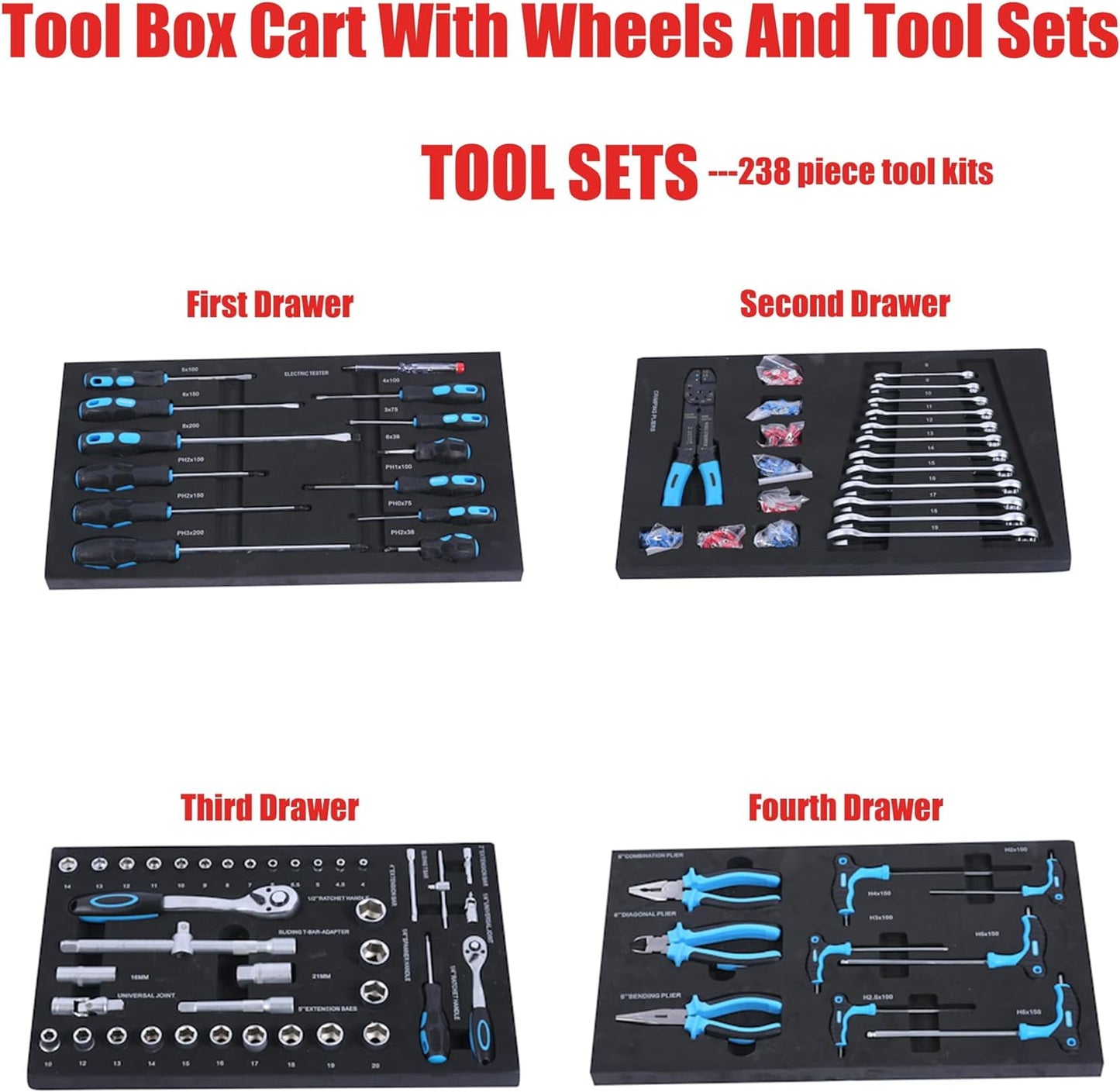 COOKCOK Tool Chest with 238 Piece Tool Set, 4-Drawer Tool Cabinet - Rolling Tool Cart On Wheels for Mechanics Heavy-Duty Metal Tool Box Storage Cabinets for Garage, Red