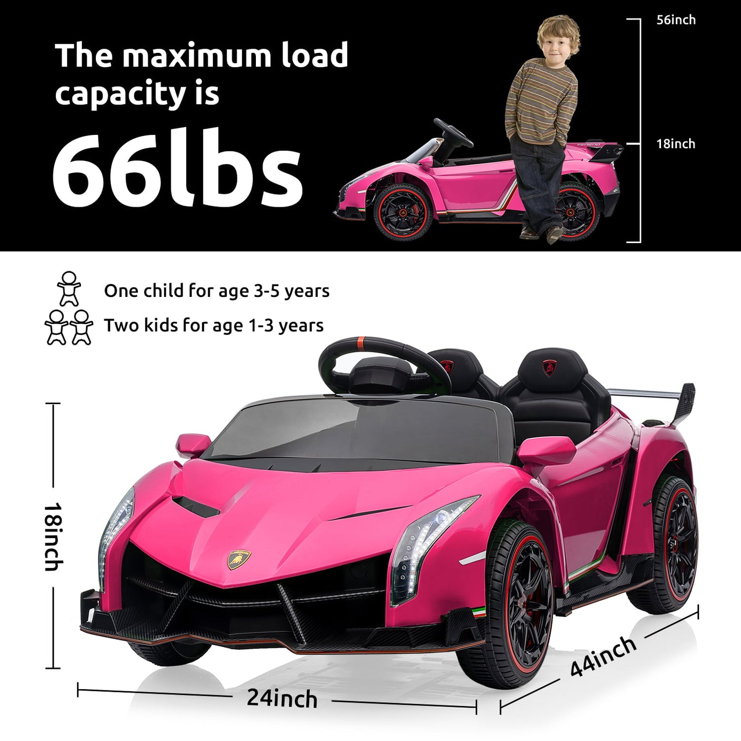 Track 7 12V Kids Ride on Car, Licensed Lamborghini Veneno Electric Car with Remote Control, Music, Age 3+, Pink