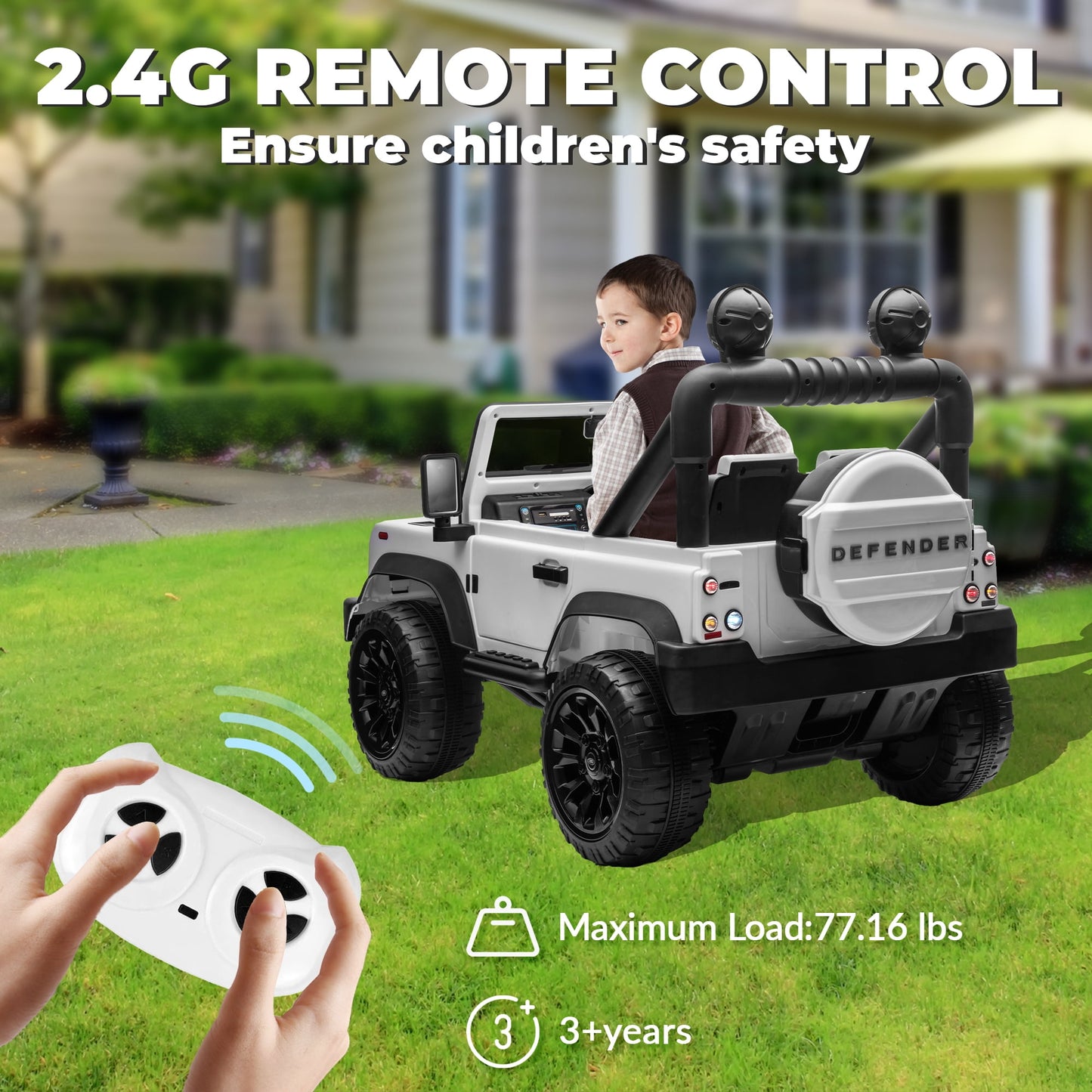 Track Seven Licensed Land Rover Defender Volta 5008 24V Ride-On Car, Electric Car with Remote Control, 2WD Drive, Bluetooth, LED Lights, Key Start, Rear Storage, 24V Ride on Toys for Ages 3+, White