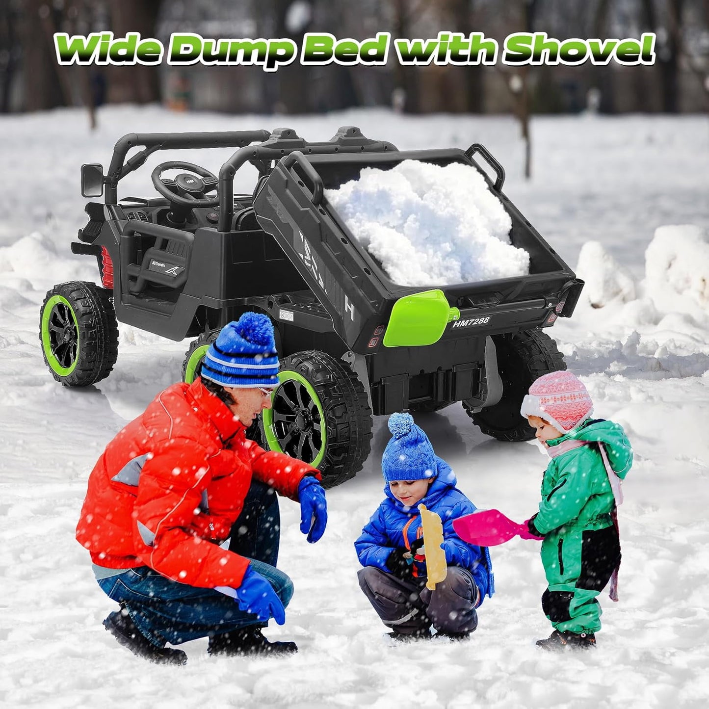 Track Seven 24V 2-Seater Ride on Dump Truck, 4WD 6-Wheel Kids Ride on Car w/Remote Control, Electric Dump Bed, Toy Shovel, Music, Max Speed 5 mph, 21" Large Seat, Ride on Toy for Kids Age 3+, Black