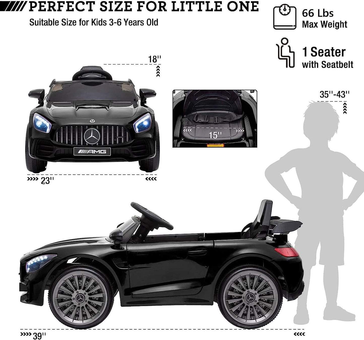 Track 7 Ride on Car with Remote Control, Licensed Benz Electric Car for Kids, 12V Electric Vehicles with AUX/FM/USB, LED Lights, Black