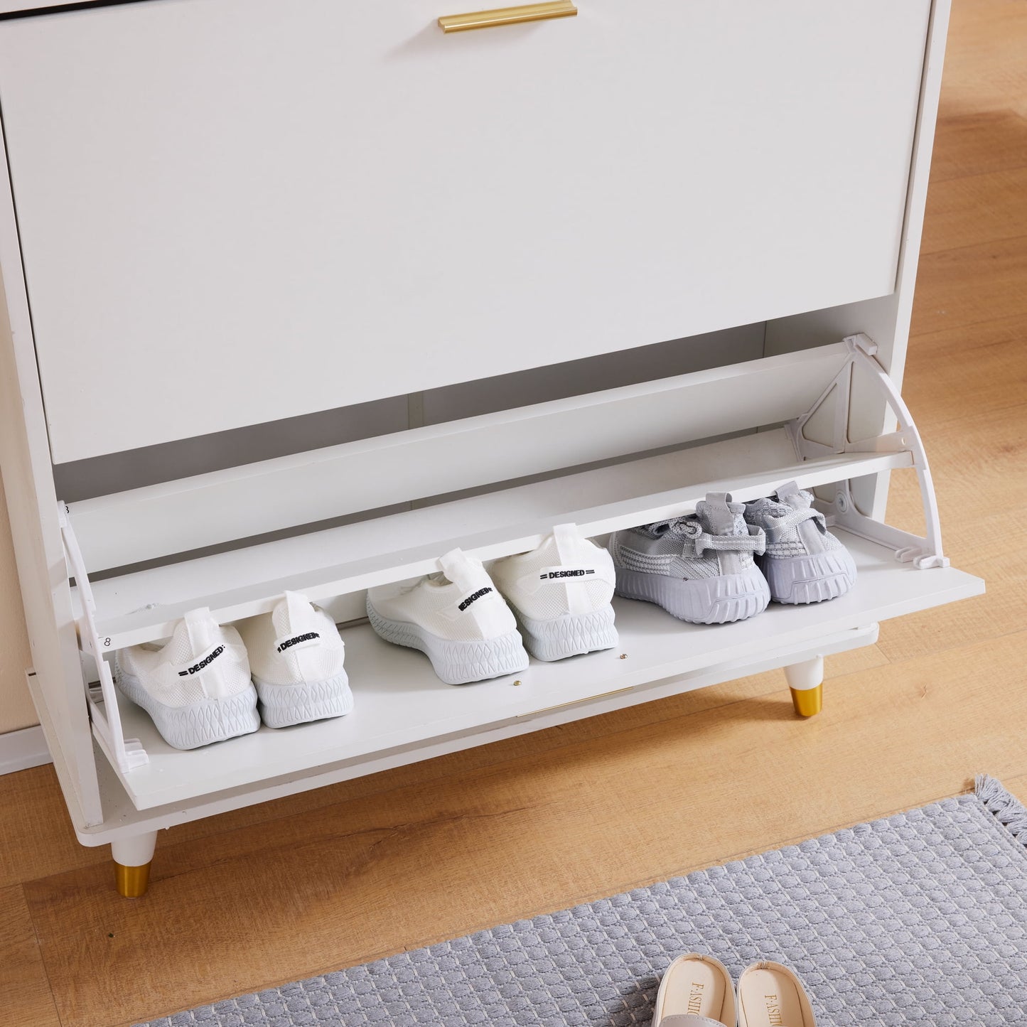 COOKCOK 3-Tier Flip Drawer Shoe Cabinets, Hat Coat Rack with Shoe Storage, Entryway Bedroom Armoire, Shoe Cabinet with Open Storage, White