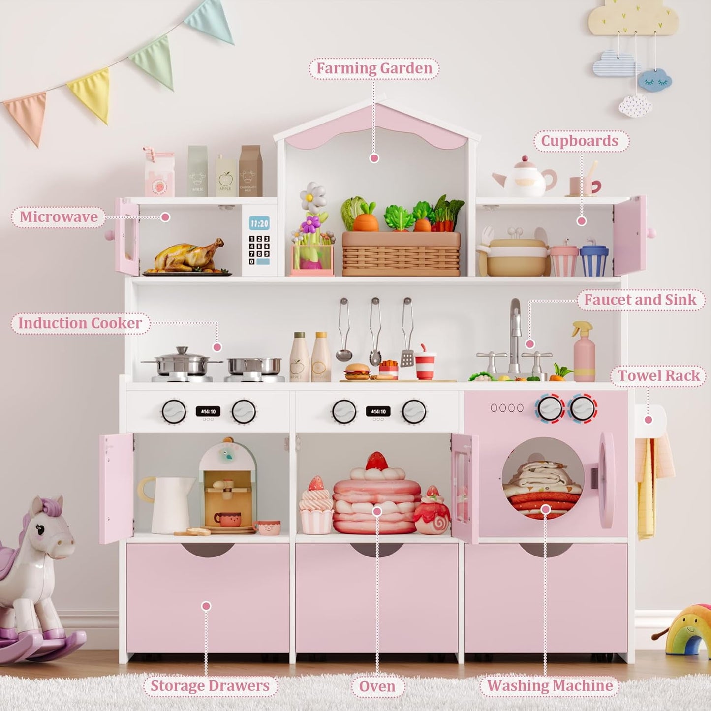 Track Seven Wooden Play Kitchen for Kids and Toddler, Toy Kitchen Playset with Plenty of Pretend Play Features and Storage Drawers, Gift for Boys and Girls, Pink