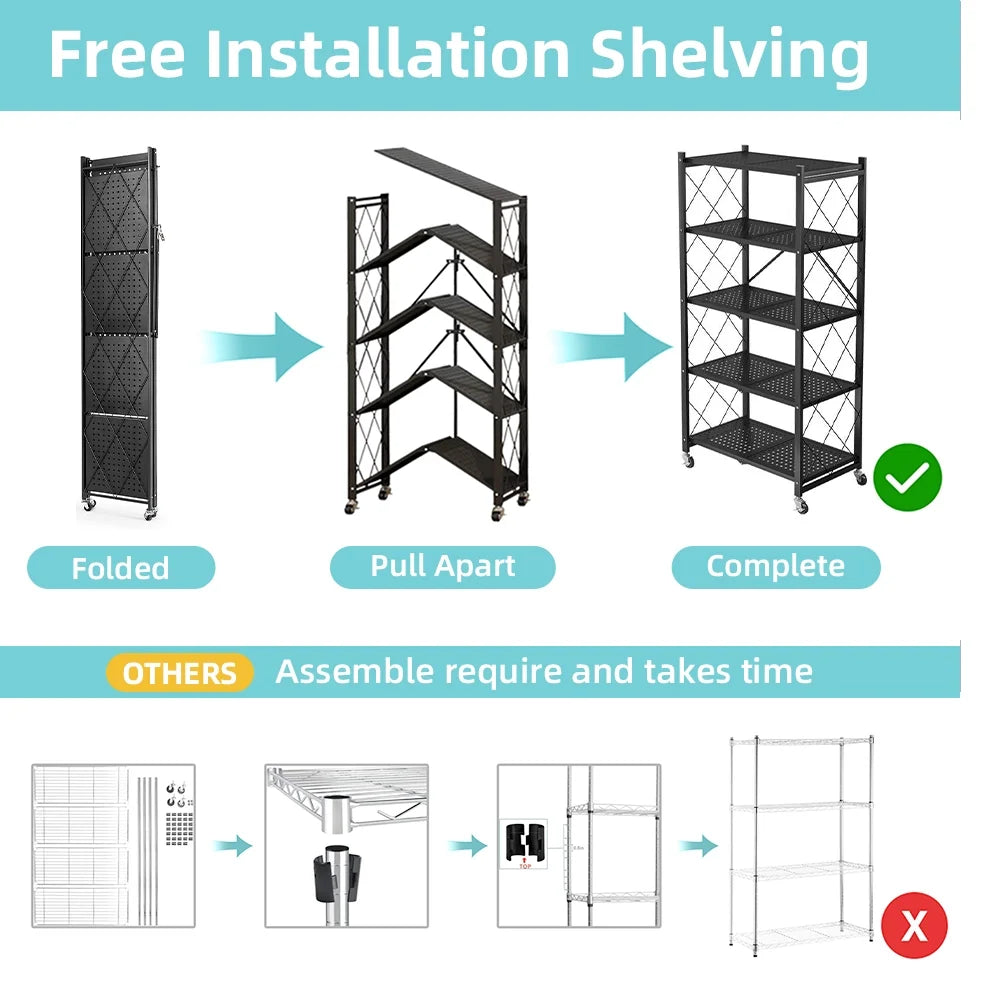 COOKCOK 5-Tier Storage Shelving Unit, Metal Shelf 27.9"x13.4"x62.5, Foldable Storage Shelf with Wheels, Garage Shelf, Metal Storage Rack, Kitchen Shelf with 4 Hooks