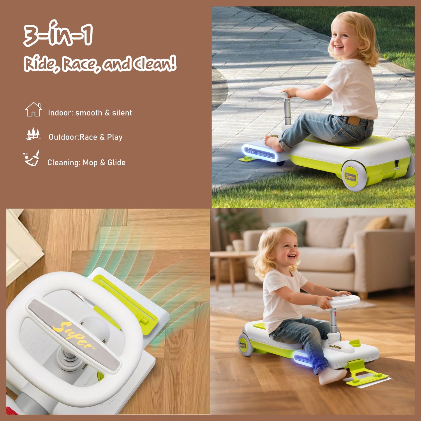 Track Seven 12V Ride on Car, Kids Electric Go Kart with LED Lights, Music, Adjustable Length, Portable Go Kart with Detachable Mopping Kit, Electric Car for Kids Toddlers Age 3+, Green