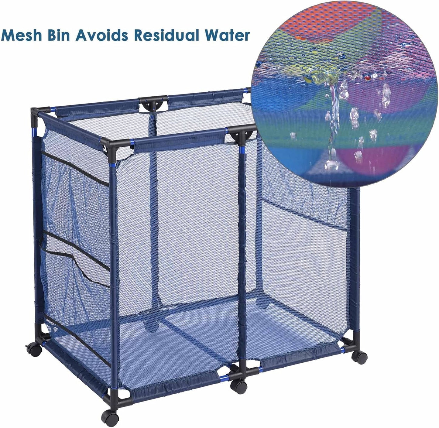 COOKCOK Pool Storage Bin Cart, Rolling Pool Storage Mesh Basket Organizer, Large Capacity Swim Accessories Holder for Pool Balls, Noodles, Floats, Beach Towels, 36" L x24 W x 35"H, Blue