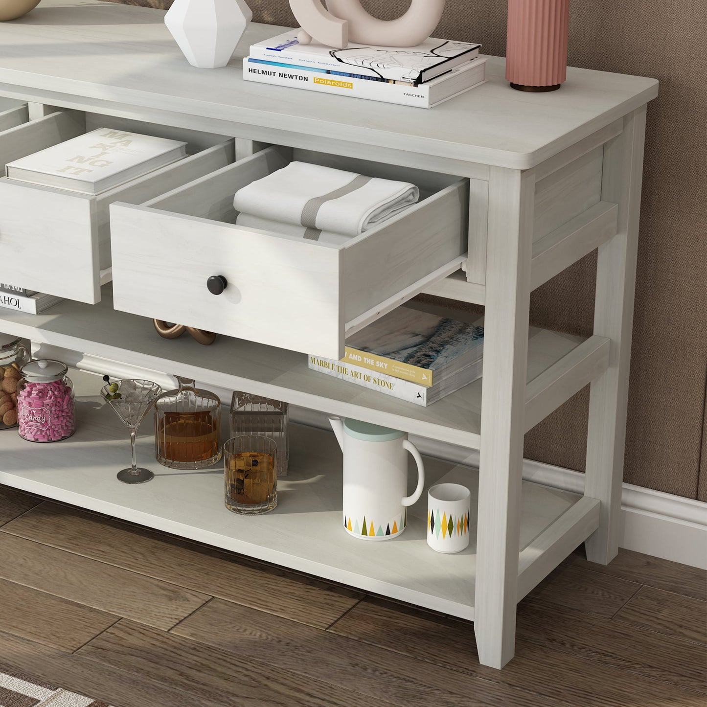COOKCOK 47" Entryway Table, Console Table with 3 Drawers, Sofa Table Narrow Long with Storage Shelves for Living Room, Couch, Hallway, Foyer, Kitchen Counter, White