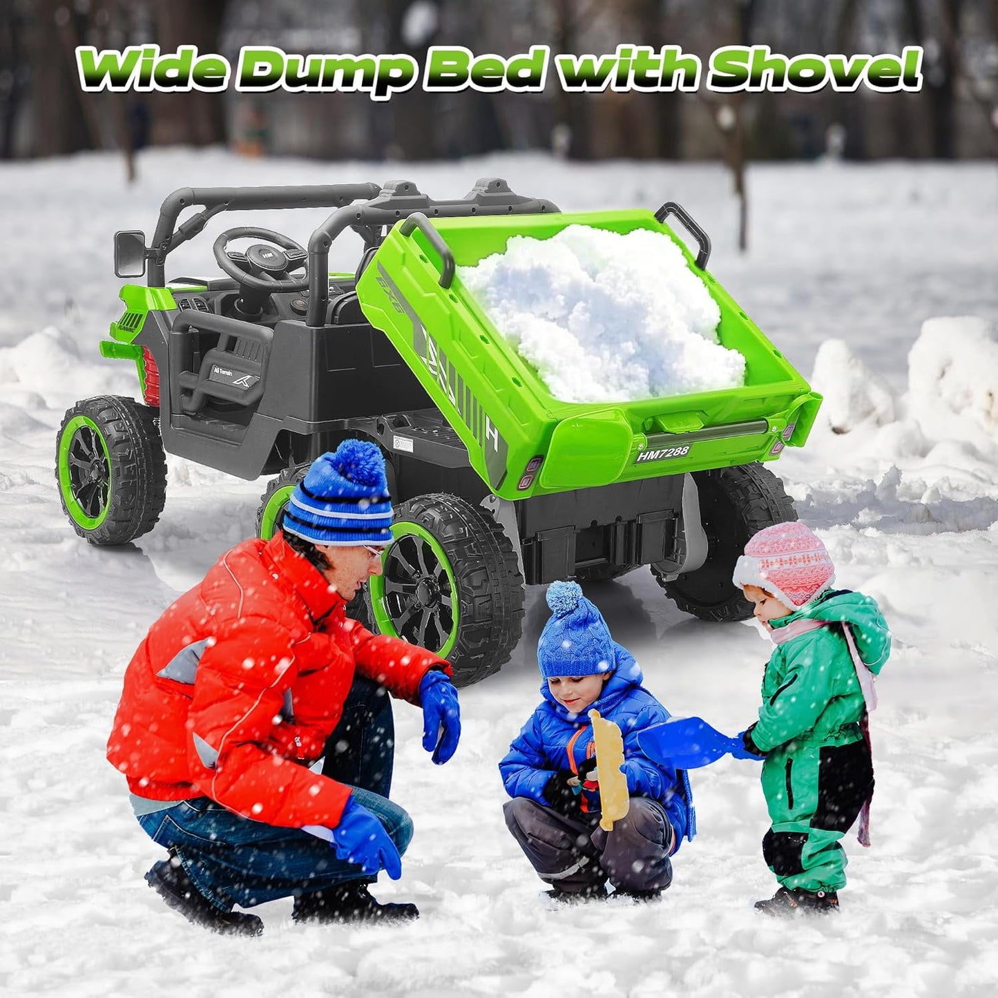 Track Seven 24V 2-Seater Ride on Dump Truck, 4WD 6-Wheel Kids Ride on Car w/Remote Control, Electric Dump Bed, Toy Shovel, Music, Max Speed 5 mph, 21" Large Seat, Ride on Toy for Kids Age 3+, Green