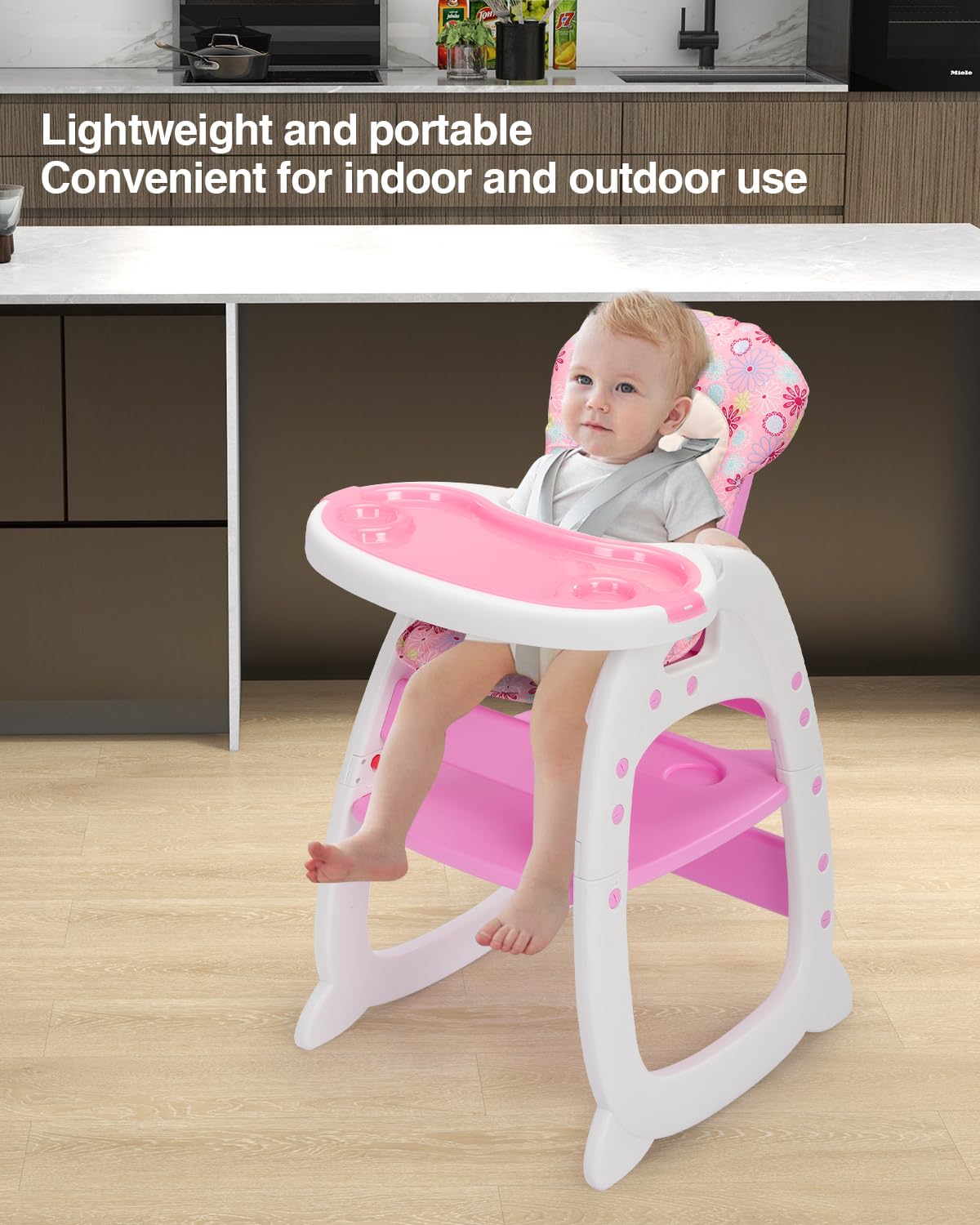 Track Seven 3-in-1 Convertible Baby High Chair for Toddlers, Adjustable Feeding Chair, Detachable Trays , Baby Feeding Chair with Detachable Trays,5-Point Safety Buckle,Pink