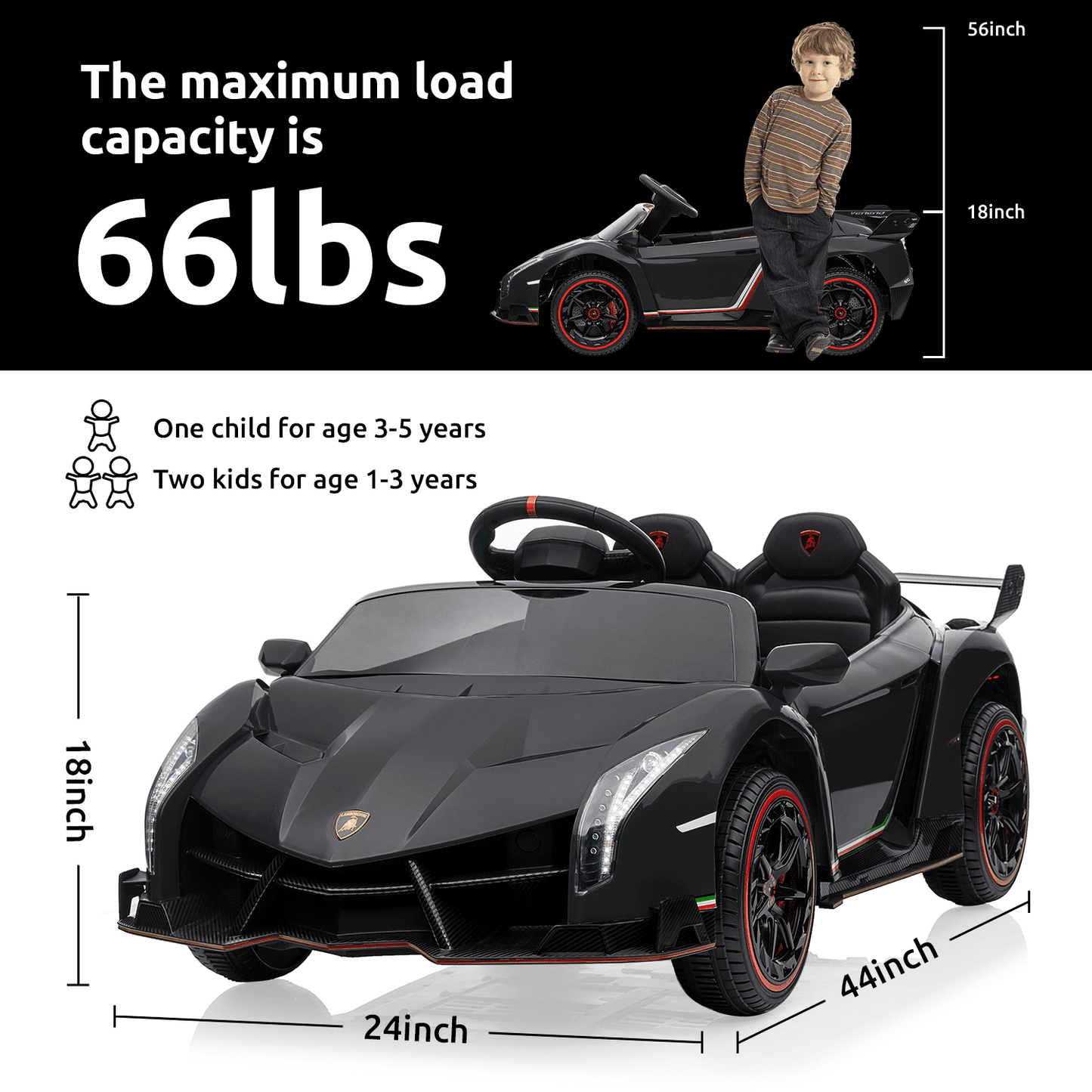 Track Seven 12V Kids Ride on Car, Licensed Lamborghini Veneno Electric Car with Remote Control, Music, Age 3+, Black