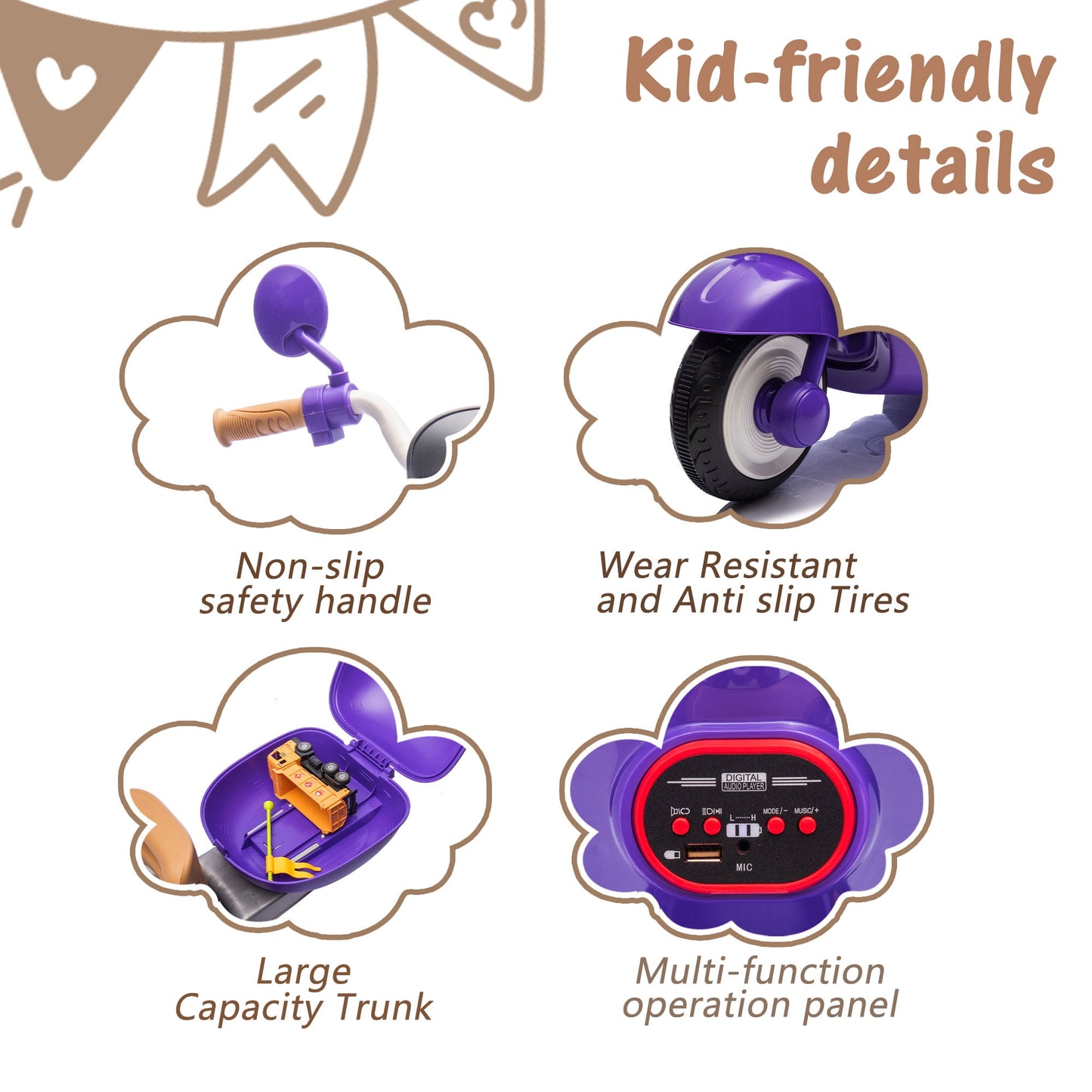 Track Seven 12V Kids Ride on Electric Motorcycle,3 Wheels Powered Motorbike with LED Strip light, 2WD, Anti-Slip Seat, Storage Basket, Bluetooth Music, Parent Remote Control for Ages 3-8, Purple