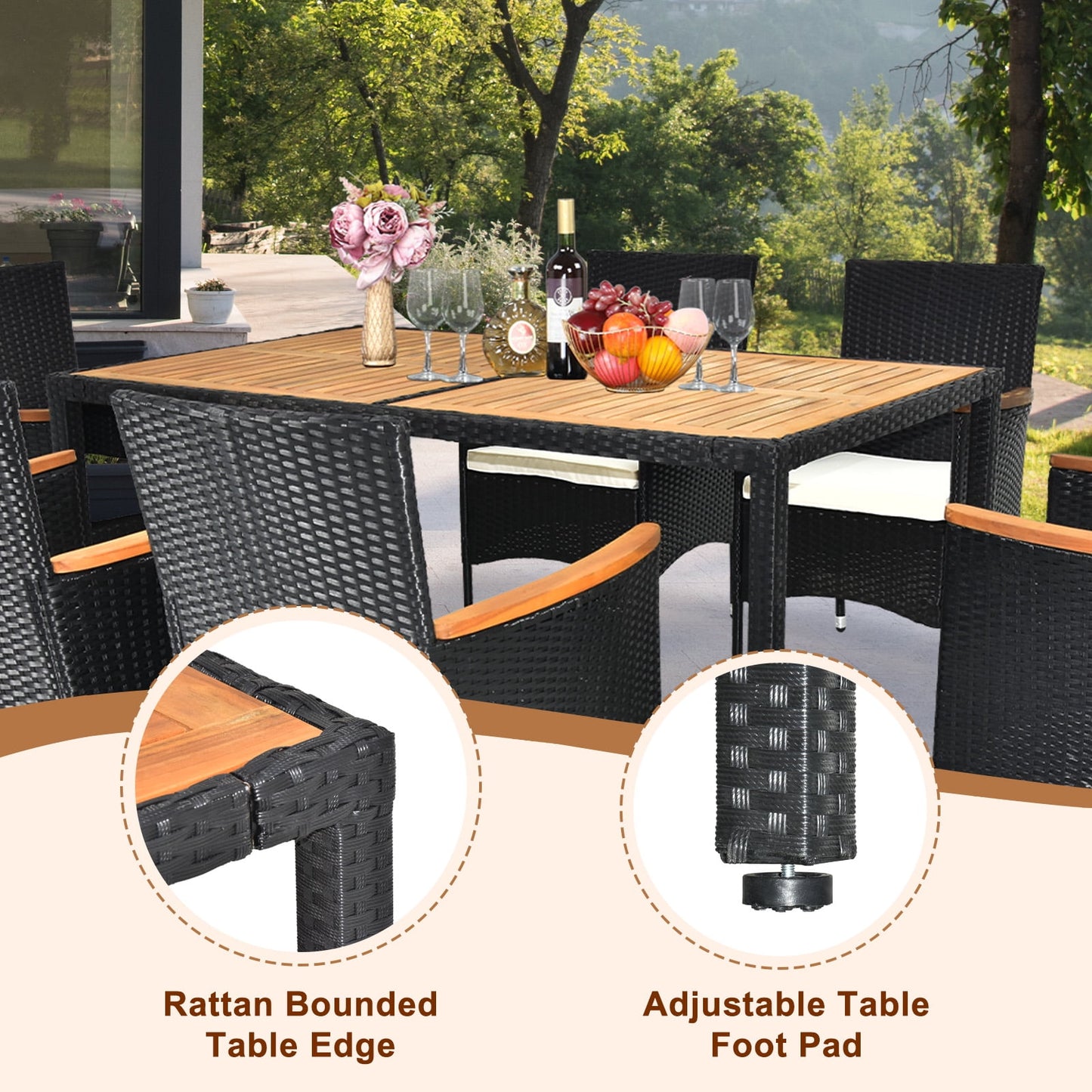 COOKCOK 7 Piece Patio Dining Set, Outdoor Acacia Wood Table & Chairs with Soft Cushion, Garden, Black