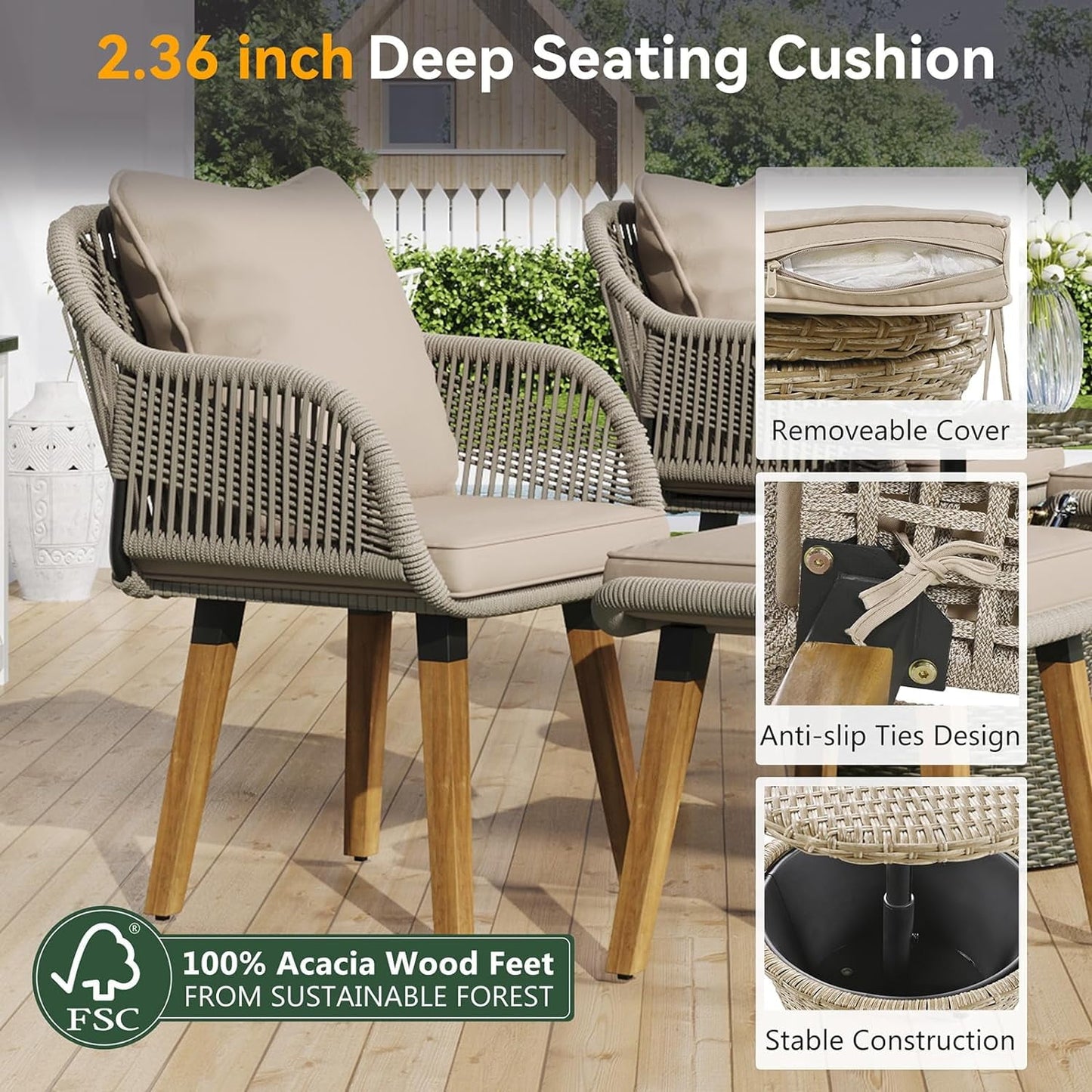 COOKCOK 5 Pieces Patio Furniture Chair Sets, Balcony Furniture Sets with Wicker Cool Bar Table, Wicker Chairs with Ottomans, Outdoor Chairs Set for Backyard, Balcony, Poolside, Brown