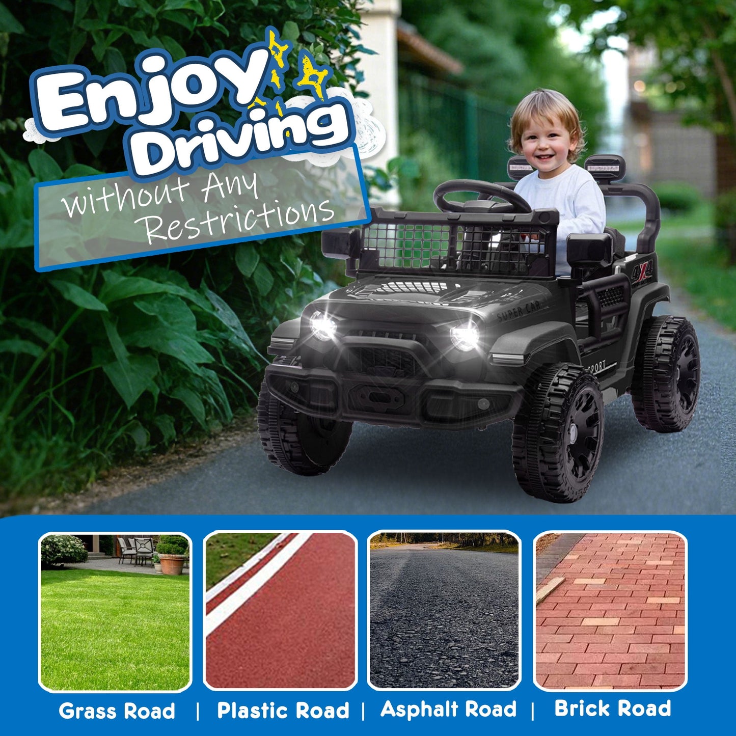 Track Seven 24V Kids Ride on Truck, Electric Car with Remote Control, Four-Wheel Suspension, Power Display, Bluetooth, MP3 Player, LED Lights, Kids Ride on Toy Car for Boys Girls Aged 3+, Black