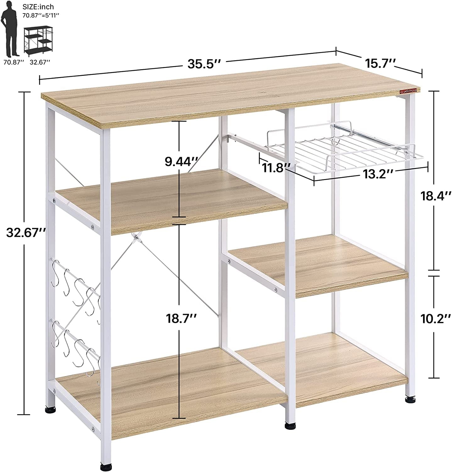 COOKCOK Kitchen Bakers Rack, Utility Storage Shelf, Microwave Oven Stand Shelf with Hooks, 3-Tier+3-Tier Table for Kitchen Organizer, Beige