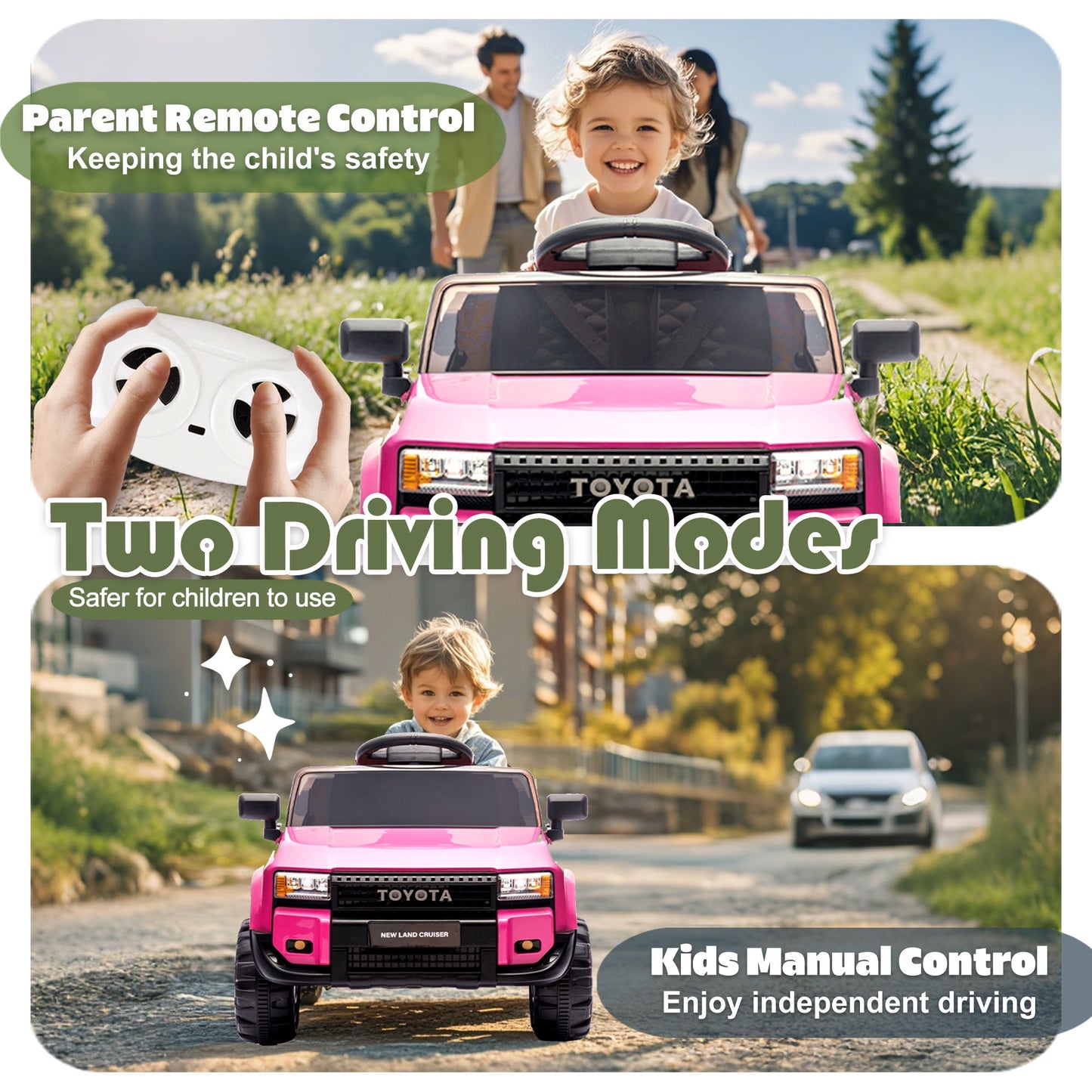 Track Seven 12V Ride on Car, Licensed Toyota LC250 Ride on Truck for Kids, Electric Car with Remote Control, Power Display, Music, Bluetooth, 12V Ride on Toy Car for Boys Girls Age 2+, Pink