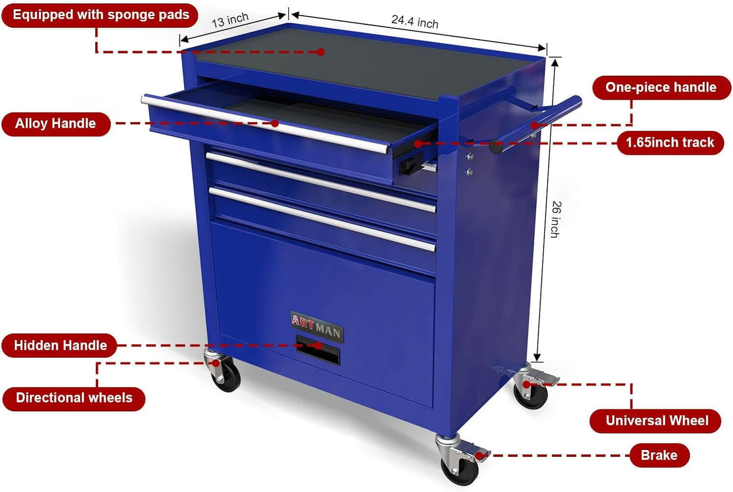 COOKCOK Tool Chest with 238 Piece Tool Set, 4-Drawer Tool Cabinet - Rolling Tool Cart On Wheels for Mechanics Heavy-Duty Metal Tool Box Storage Cabinets for Garage, Blue