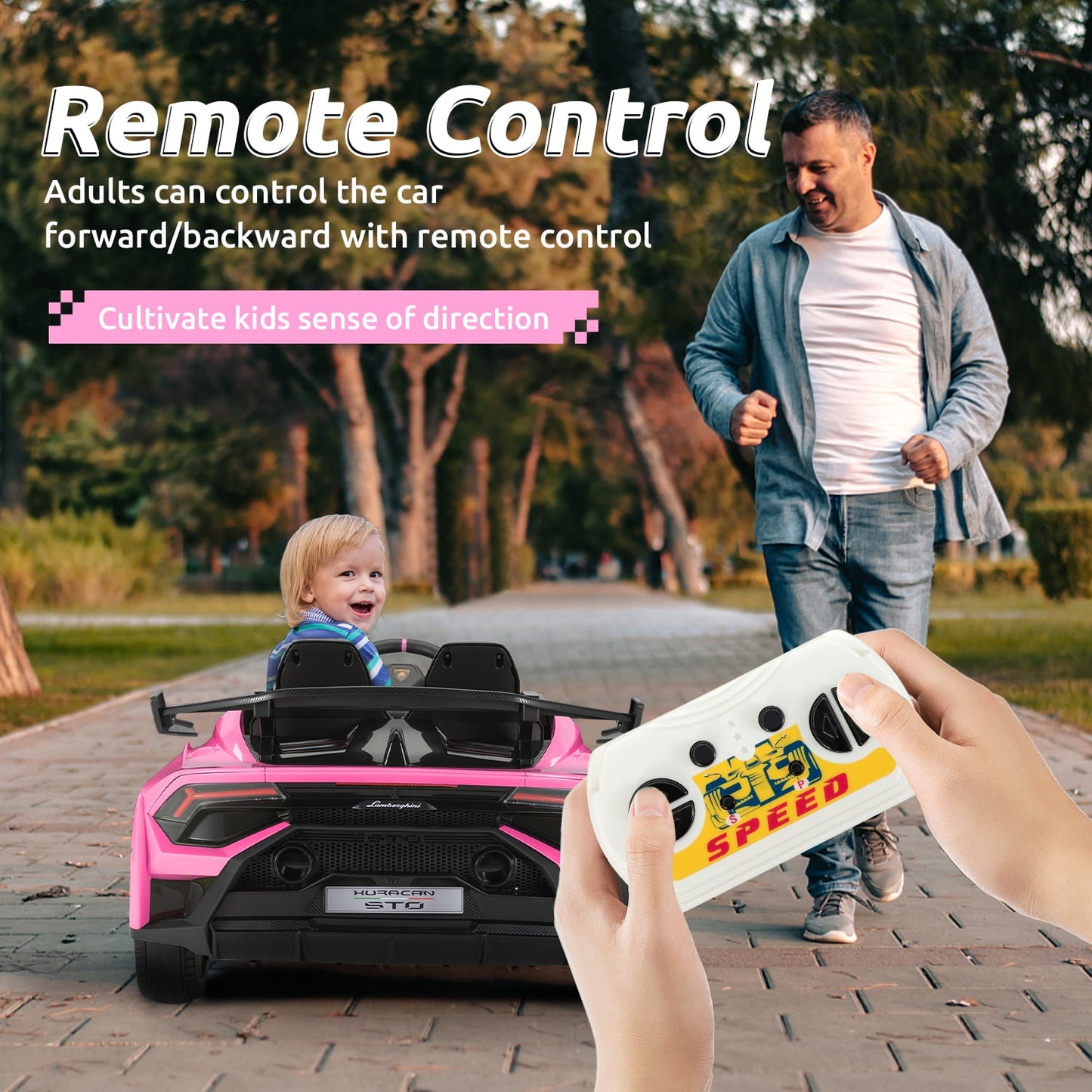 Track Seven 24V Kids Ride on Car, Licensed Lamborghini STO Electric Car, 360° Spin, Speeds 1.86-5.59 MPH, LED Lights & Dynamic Music, Foam Wheels & Drift Mode for Ages 3-8, Pink
