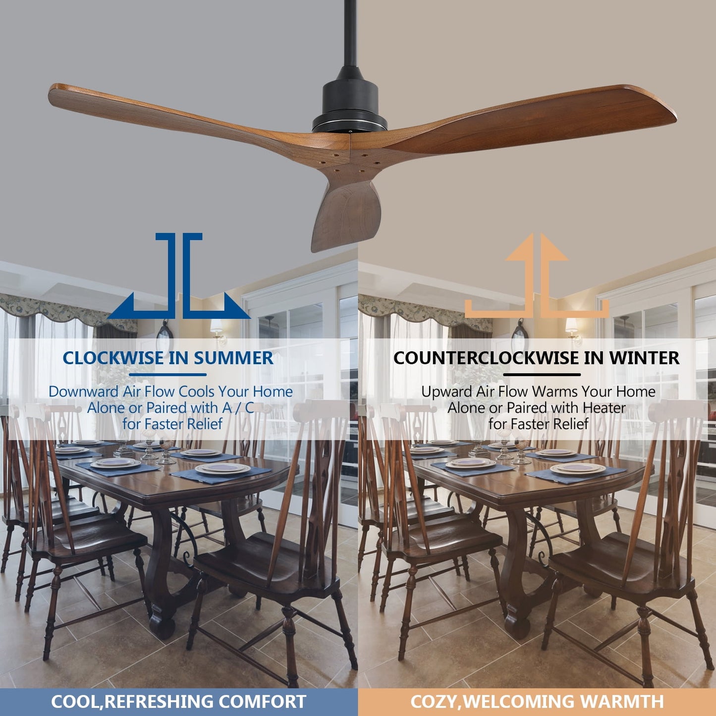 COOKCOK 52" Ceiling Fan, Outdoor Wood Ceiling Fan with Remote, 3 Carved Wood Fan Blade, Reversible Motor, Brown