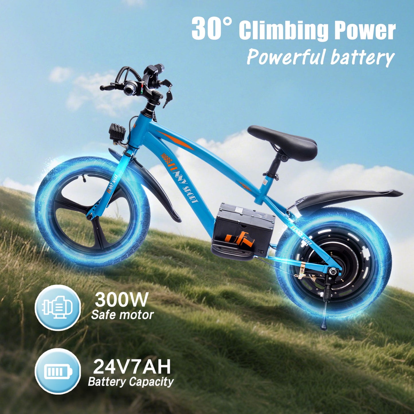 Track Seven 24V 300W Electric Bike, Teens Off-Road Mini Bike, Adjustable Seat (Age 5+), 16" Wheels, 12.43 MPH Top Speed, LED Headlight & Hand Brakes, Blue