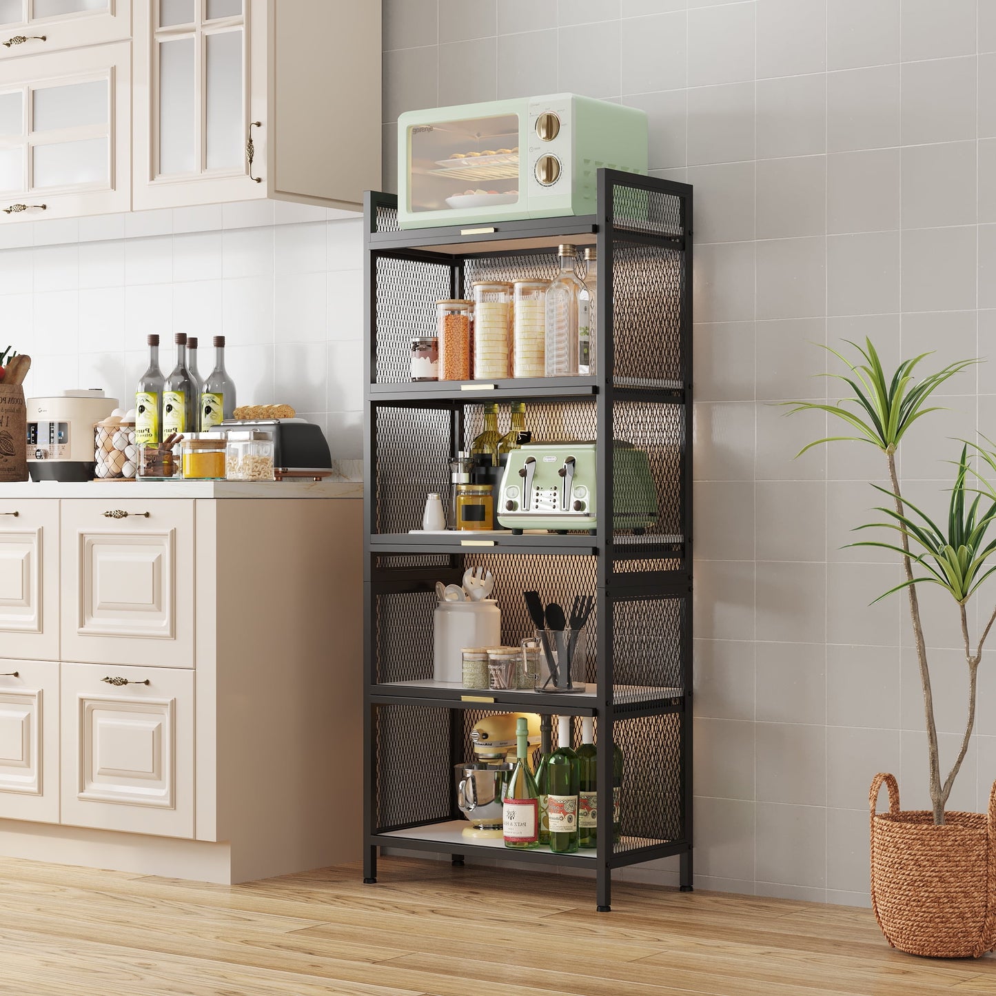 COOKCOK 5-Tier Storage Shelf, Kitchen Storage Cabinet with Flip-up PC Doors, Mobile Microwave Stand, Freestanding Kitchen Bakers Rack with 4 Rolling Casters, 23.62"x12.59"x55.51", Black