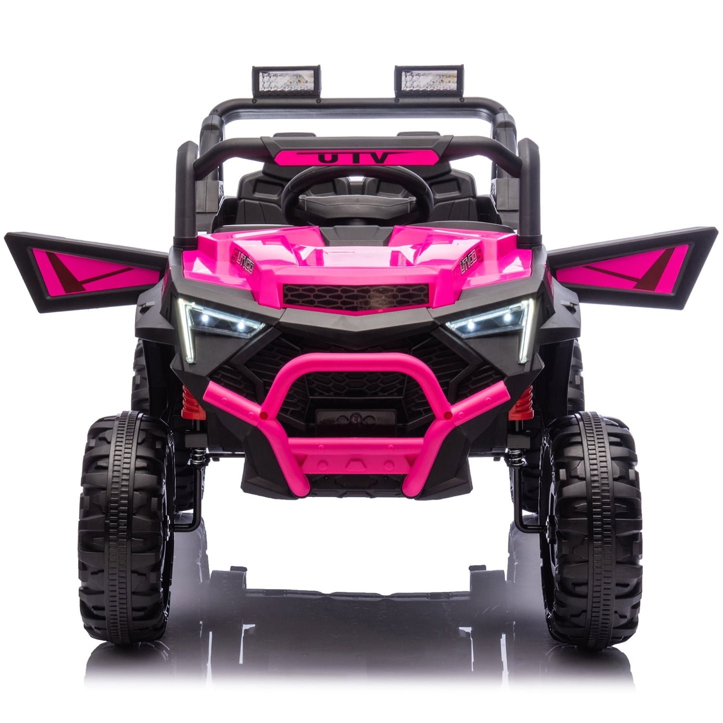 Track Seven 24V Ride on Car, 2WD Electric Off-Road UTV Truck w/ 400W Motors, Remote Control, Large Seat, Bluetooth, Lights, Power Display, Portable Handle, Electric Car for Boys Girls Aged 3+, Pink
