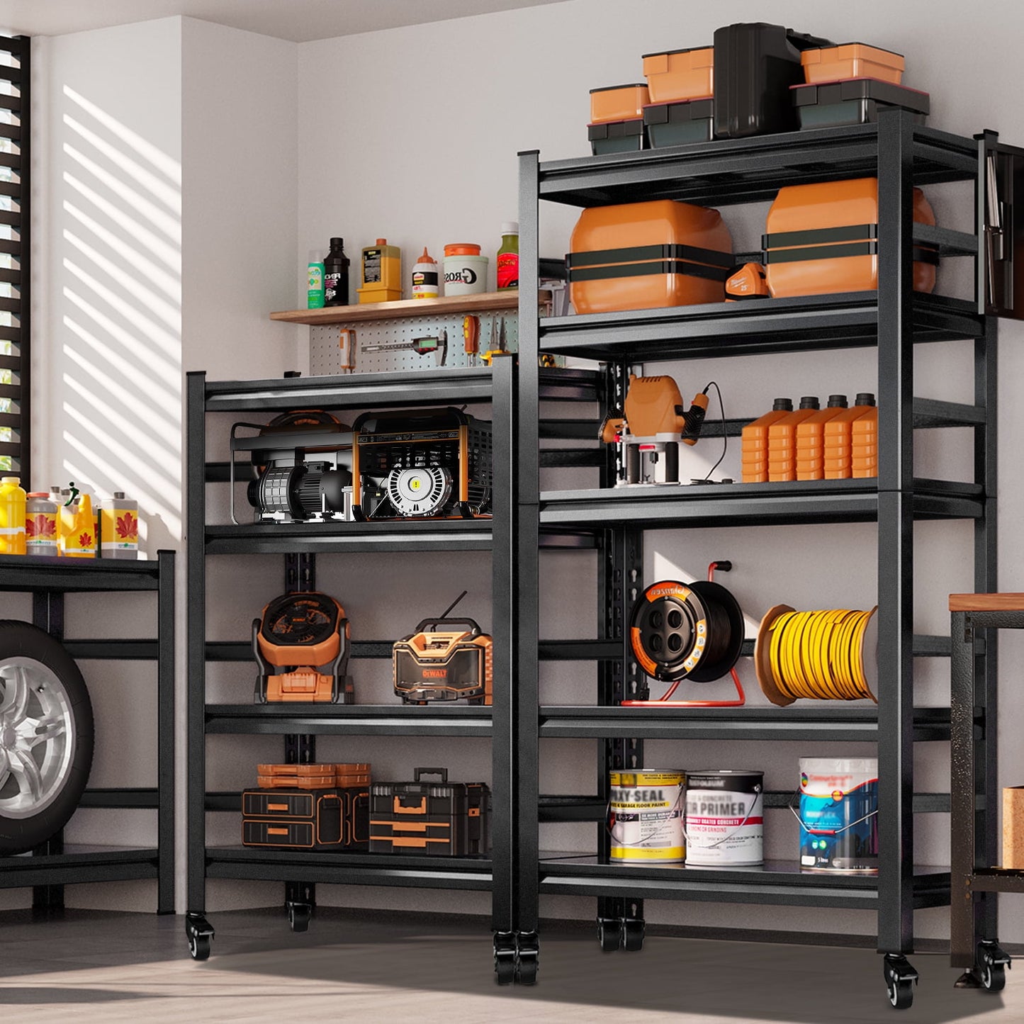 COOKCOK 4-Tier Storage Shelving Unit, Metal Shelf with Wheels, 39.4"x15.8"x 50", Adjustable Garage Storage Shelf, Load Up to 1600LBS, Kitchen Shelf with Protective Side