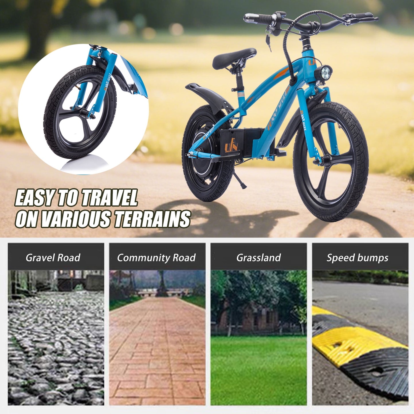 Track Seven 24V 300W Electric Bike, Teens Off-Road Mini Bike, Adjustable Seat (Age 5+), 16" Wheels, 12.43 MPH Top Speed, LED Headlight & Hand Brakes, Blue